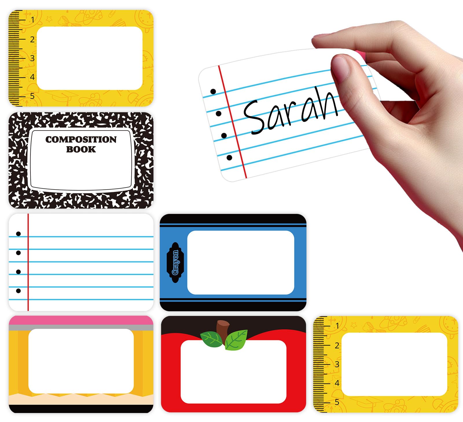 Whaline 180Pcs Back to School Name Tag Stickers Self-Adhesive Nameplate Decal Pencil Crayon Composition Book Apples Blank Name Label for School Classroom Office Desk Wall Decor