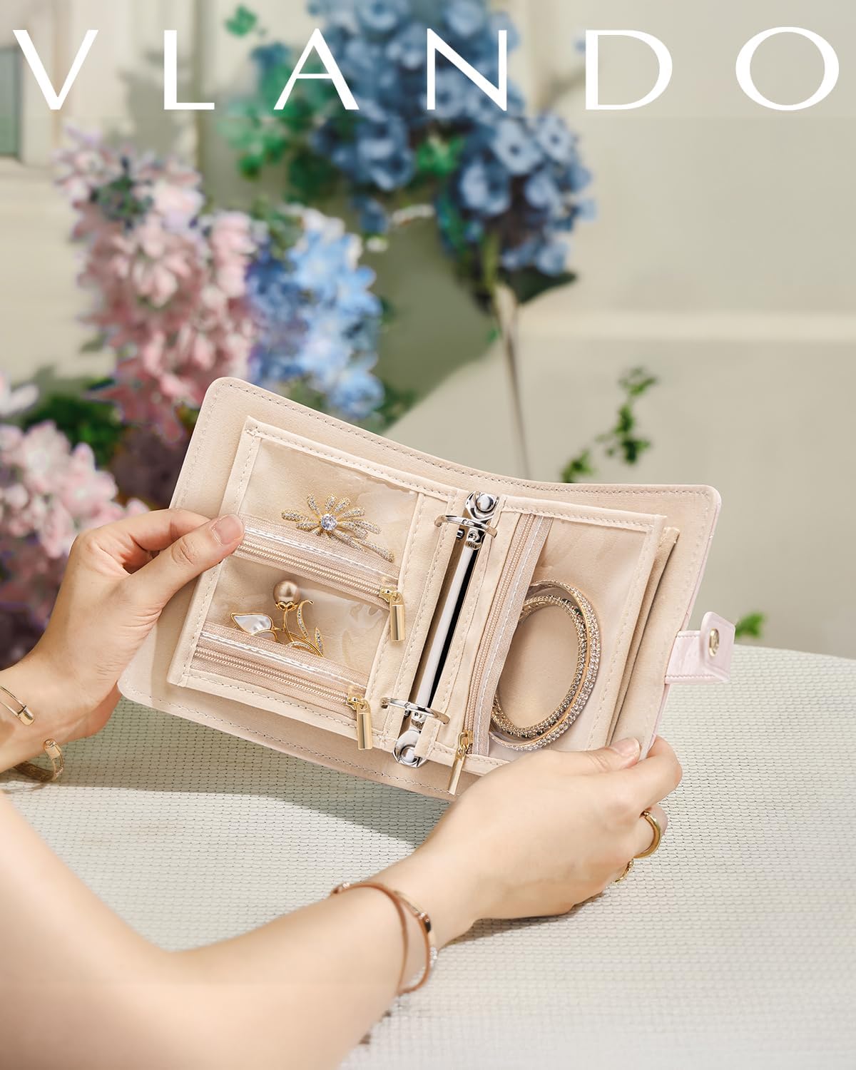 Vlando Travel Jewelry Organizer Case,Travel Gifts for Women,Portable Jewelry Storage Book Ring Binder with Clear Zipper Velvet Jewelry Pouch Bag-Pink - Image 6