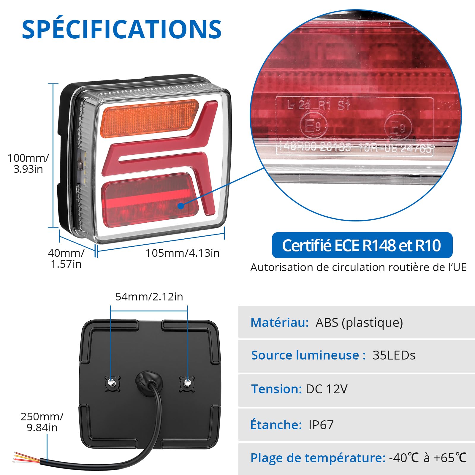 Feux arrière 35 LEDs pour remorque 12V IP67 avec fonctions Stop et Position Séparées, Homologués ECE R148/R10, Câble de 25 cm pour caravane, camping-cars, machines agricoles