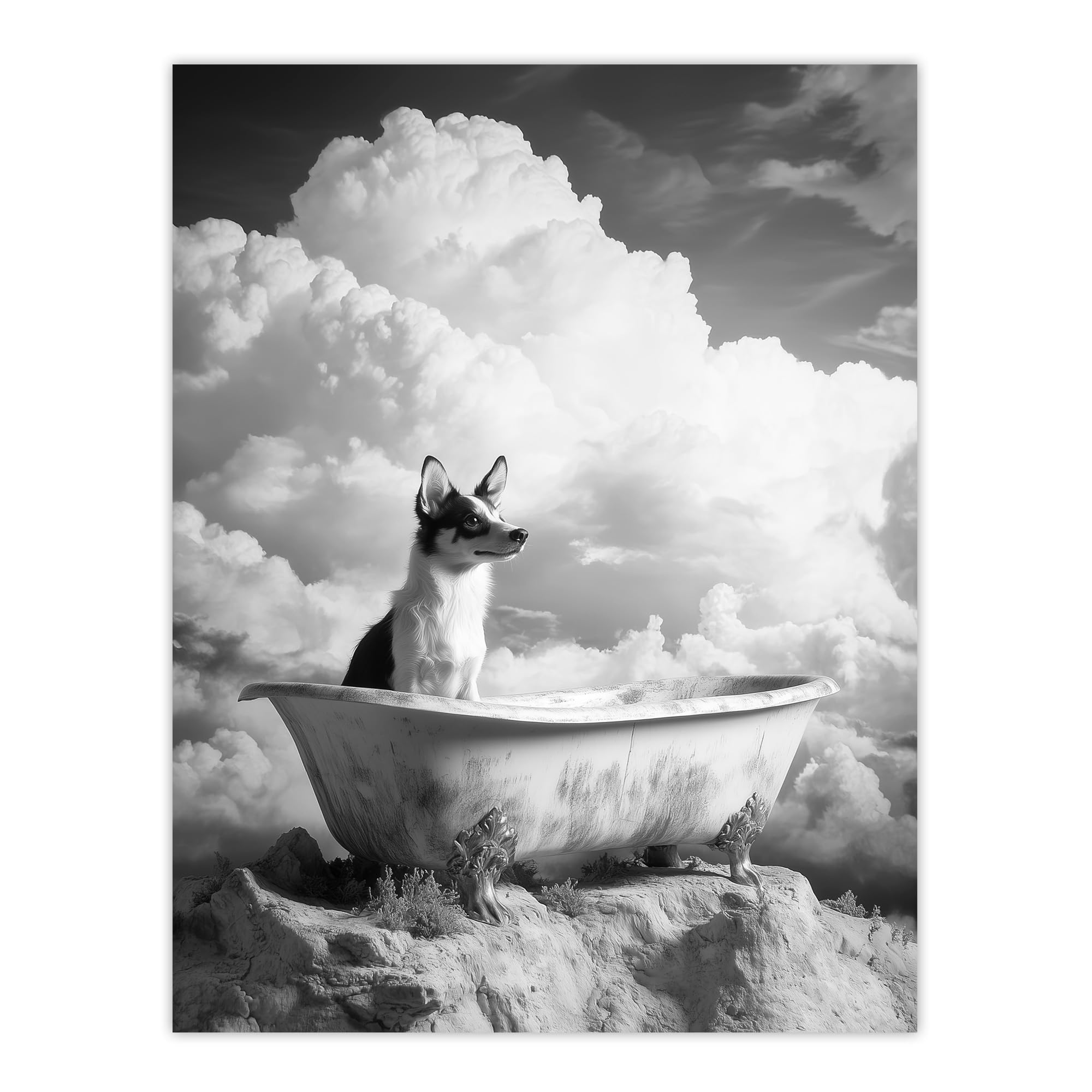 Artery8 Puppy Bathtub on Mountain Peak Surreal Dog Lover Living Room Extra Large XL Wall Art Poster Print