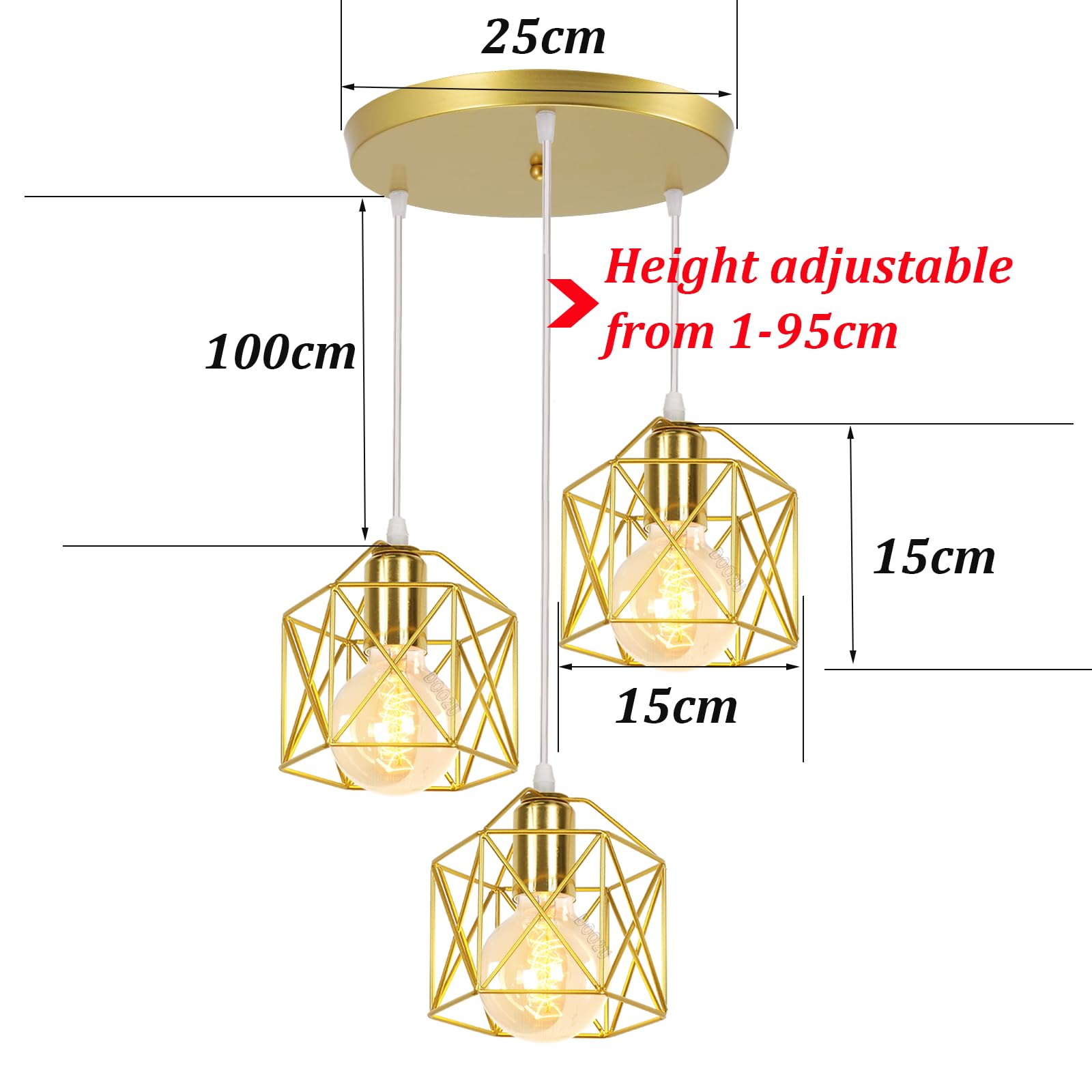 Suspension Luminaire Industrielle 3 Lampes Vintage E27 Lustre Abat-jour en Métal Design pour Salon Chambre Cuisine (Doré - avec une base)