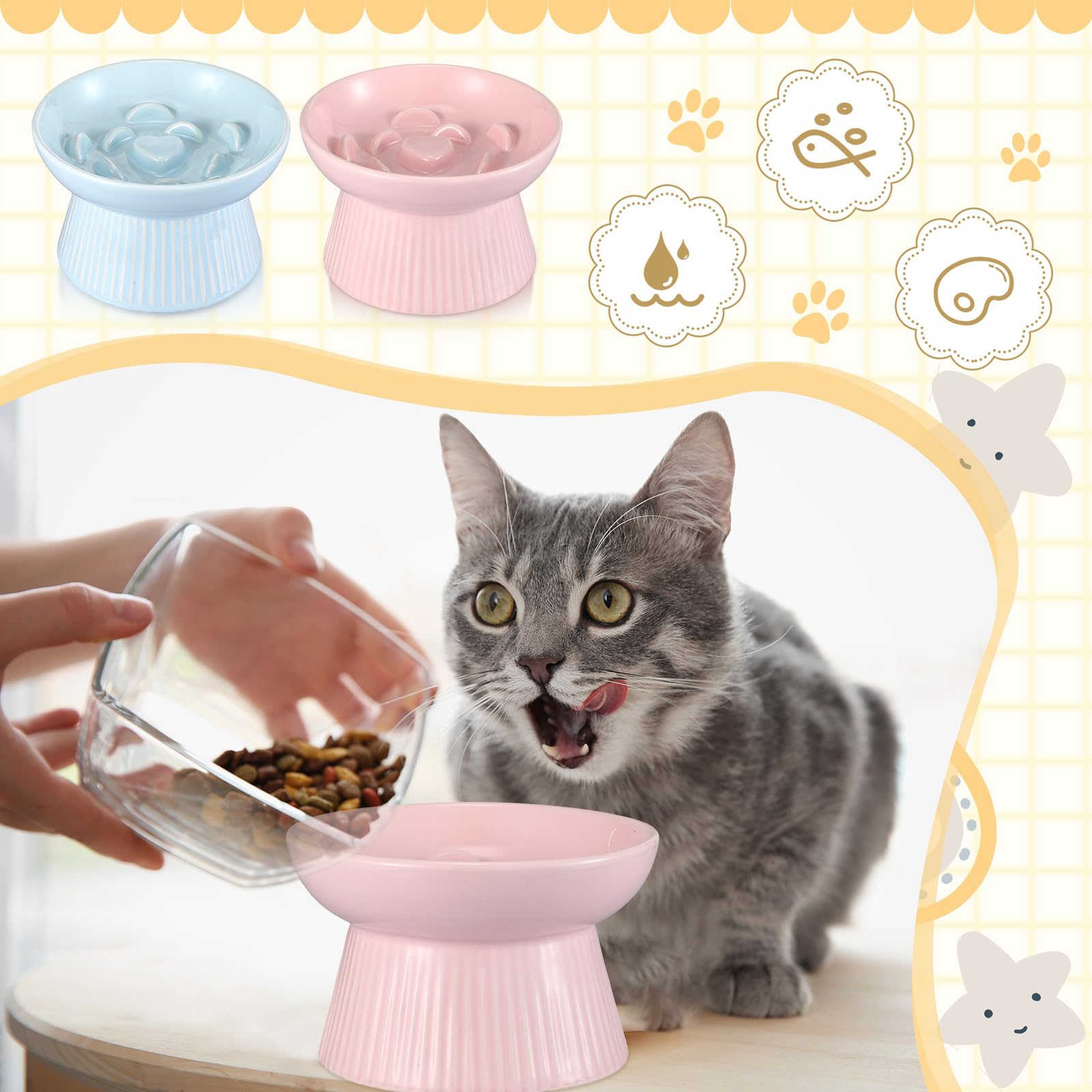 Layhit Lot de 2 gamelles surélevées en céramique pour chat - Anti-vomissements - Pour nourriture sèche et humide - Bleu, rose