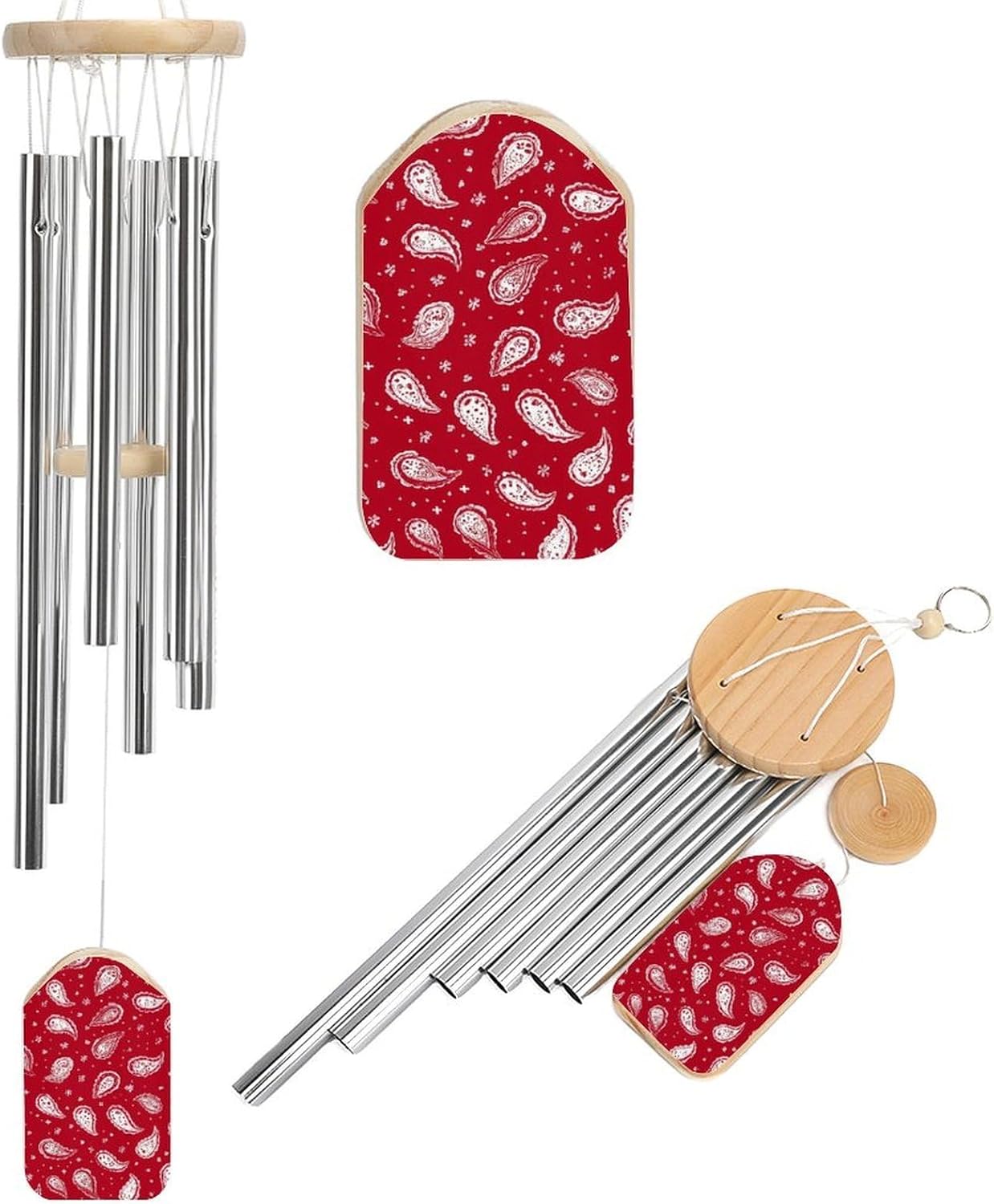 Red Bandana Paisley Wooden Wind Chimes Deep Tone Memorial Windchime for Outside Garden Home Decoration