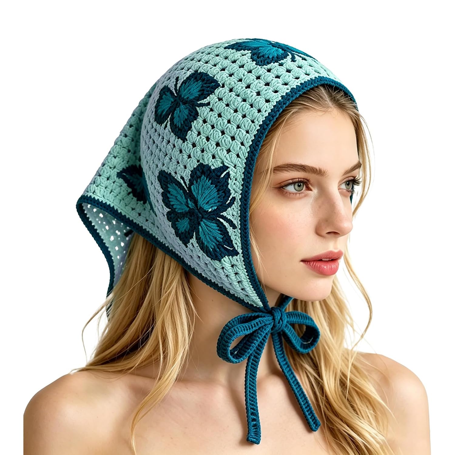 Crochet Bandana Head Kerchief Knitted Hair Scarves Cute Hair Scarf Hair Kerchief Headwrap Knitted Headband for Women Girls (butterfly-blue) image 5
