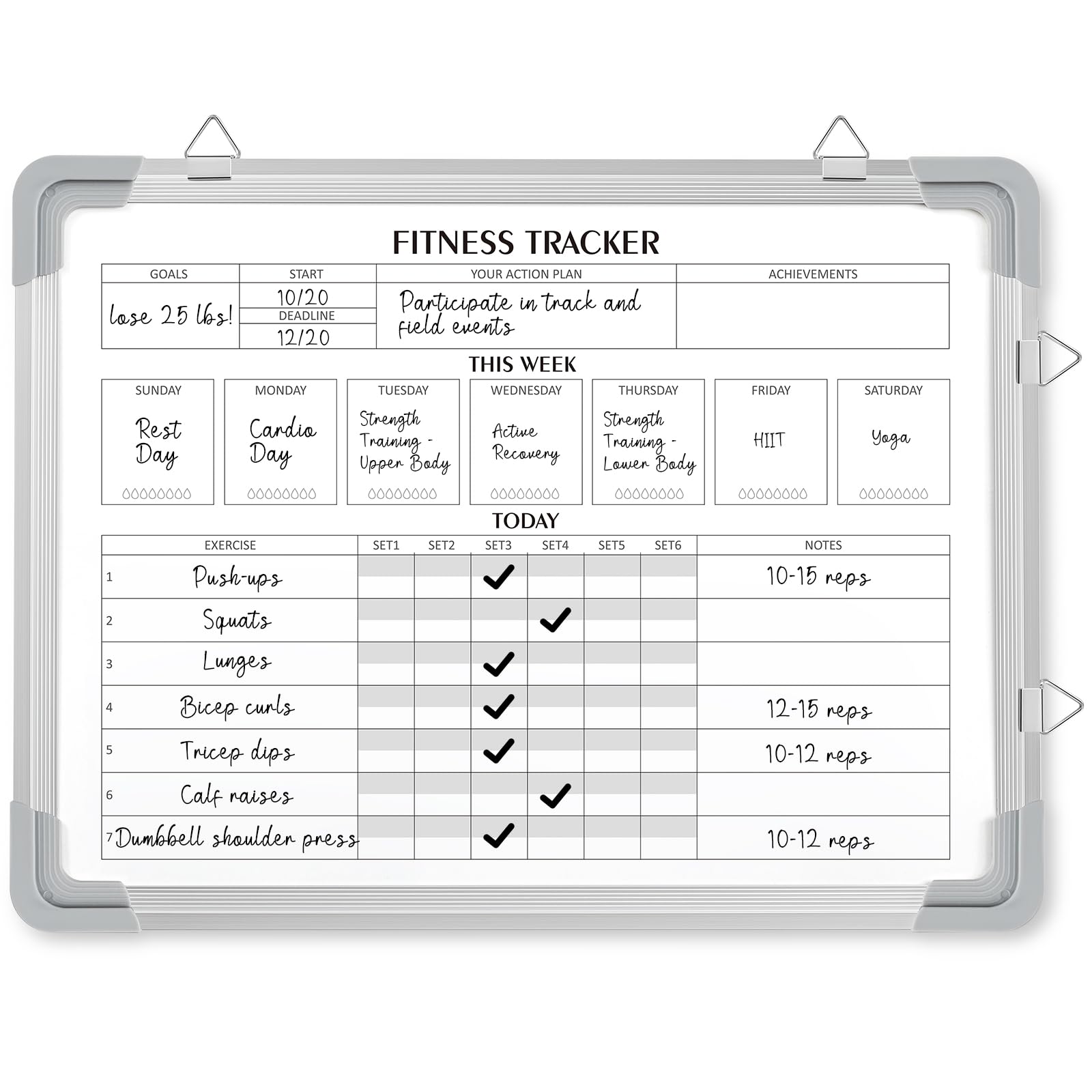 Lincia 24 x 18 Inch Fitness Tracker Whiteboard Workout Calendar for Home Gym Dry Erase Planner Hanging Removable to Do List for Wall Whiteboard with Aluminum Frame for Gym Program(Style A)