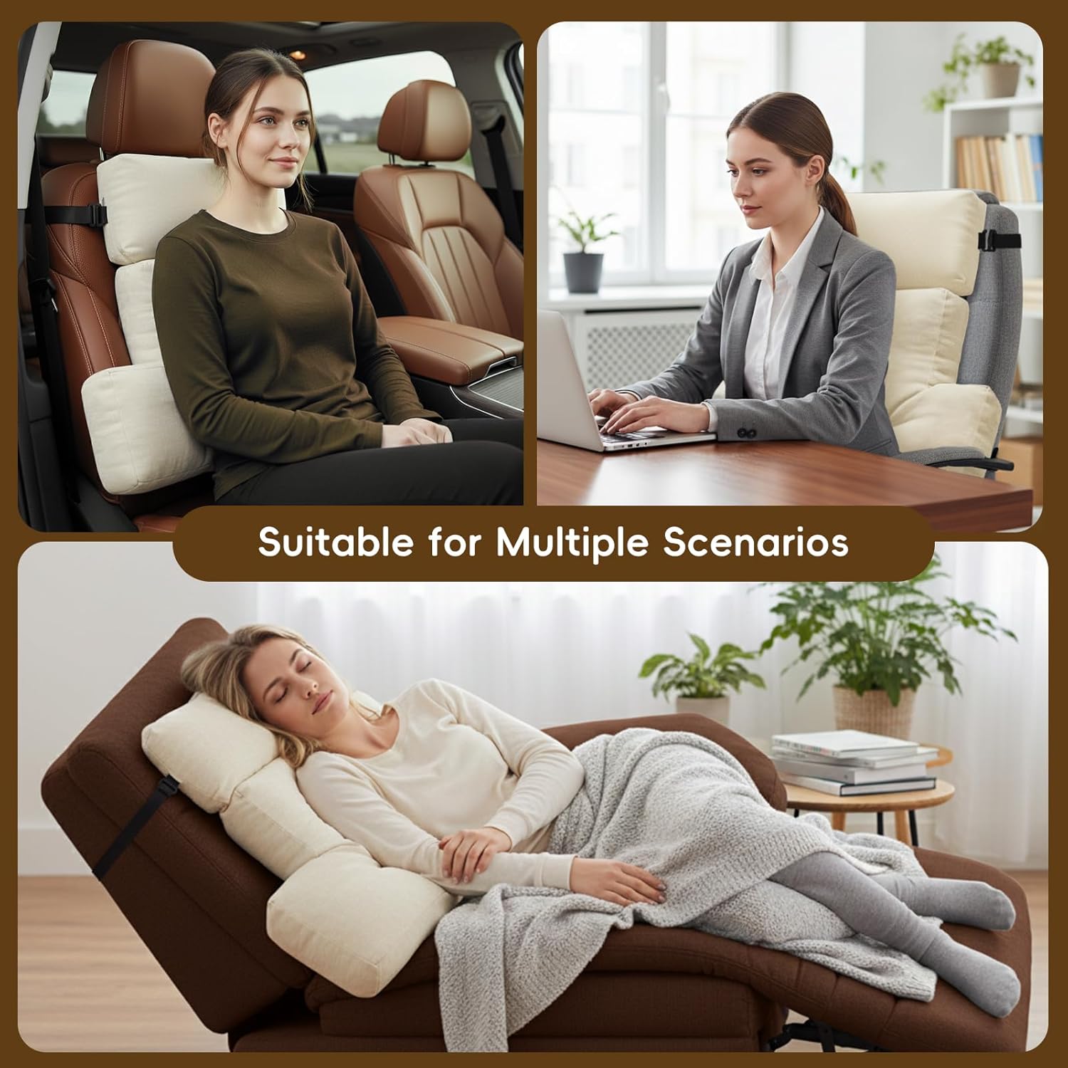 Neck Pillow Lumbar Support for Recliner, Soft and Fluffy Back Support Cushion for Chair with Adjustable Headrest Pillow, Back Rest Pillow for Office Chairs, Recliners, Sofa, Couch Pain Relief Beige