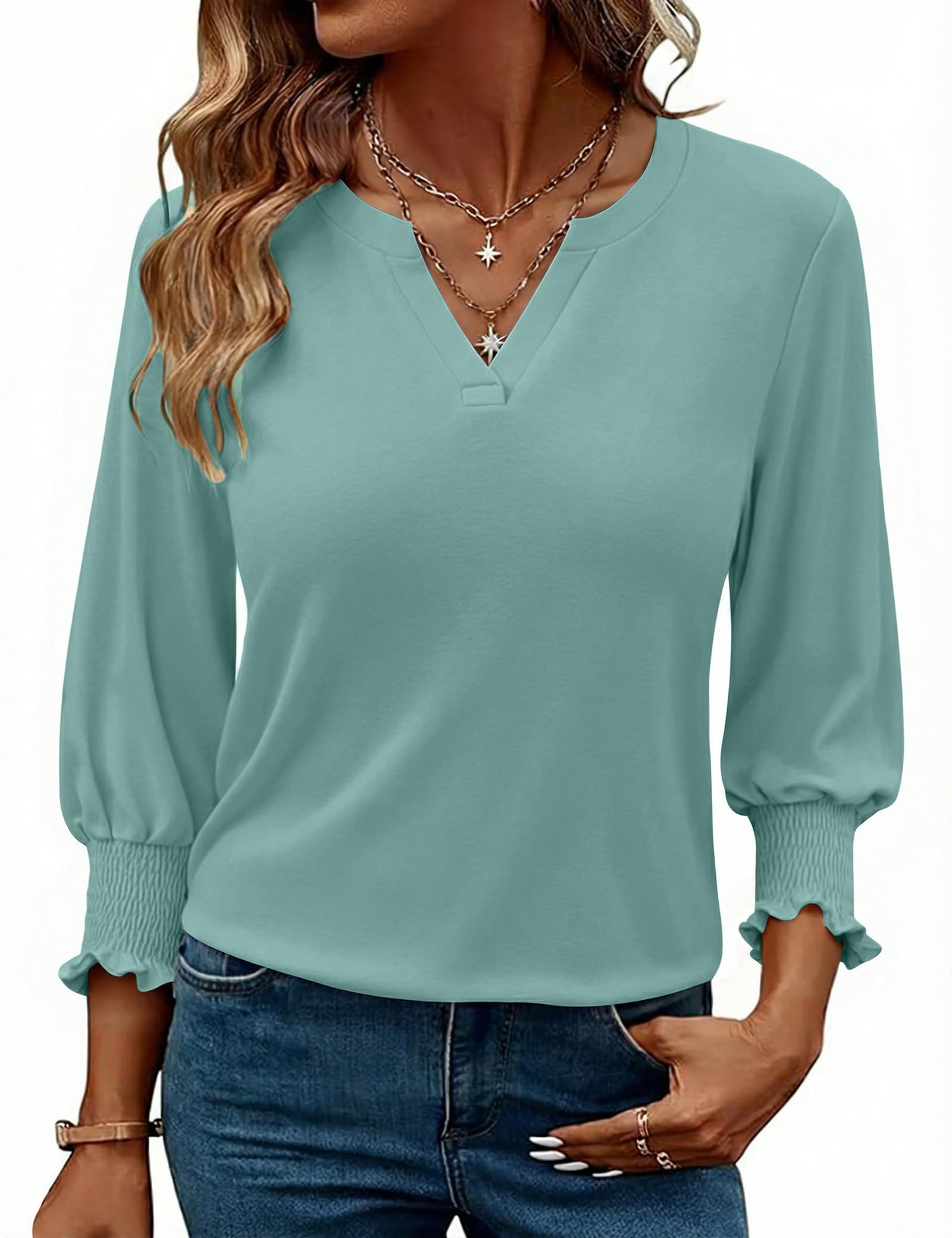 Gyabnw Damen Bluse mit V-Ausschnitt und 3/4-Ärmeln Elegantes Lockeres Blusenshirt Bequem und Hautfreundlich