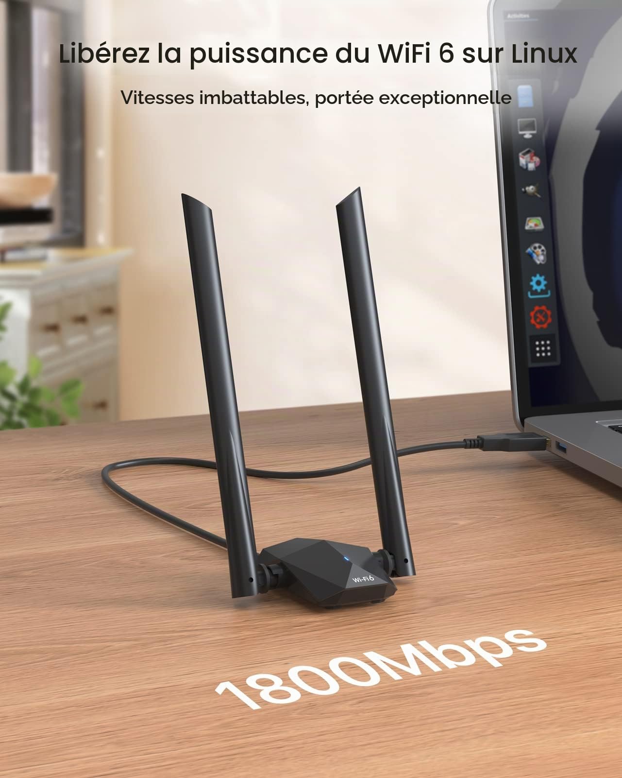 BrosTrend AX1800 WiFi 6 Clé WiFi USB Linux Puissante, Longue Portée Antenne | Bi-Bande 5GHz & 2.4G Dongle WiFi pour Ubuntu, Mint, Debian, Kubuntu, Mate, Zorin, Windows 11/10 etc. PC, Raspberry Pi, Odroid