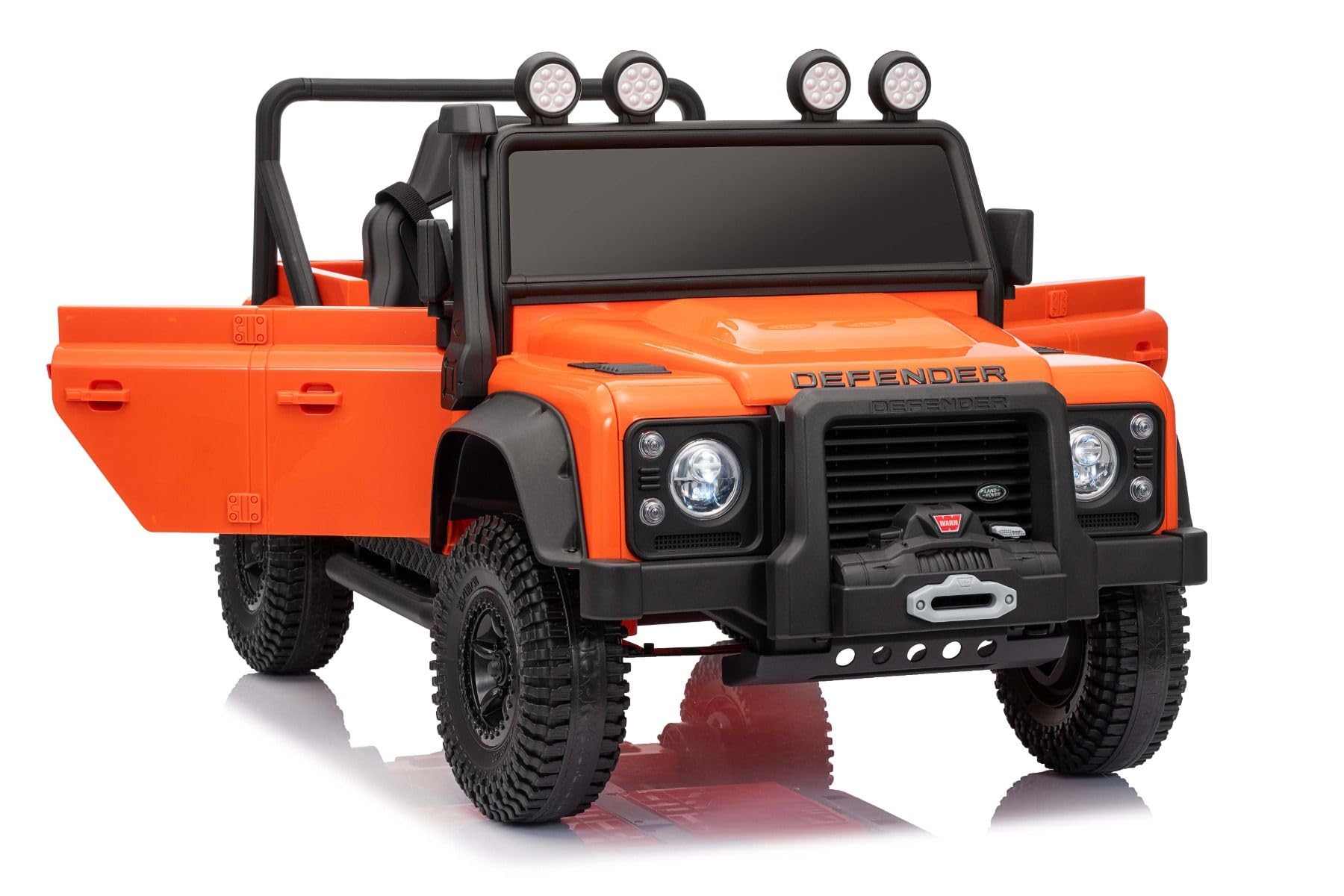 Elektryczny samochód dla dzieci Land Rover Defender 110 SVX 12V, pomarańczowy, skrzynia biegów 4X4, reflektory LED, zawieszenie przednie i tylne, pilot 2,4 GHz, wejście USB/Aux, Bluetooth, bateria