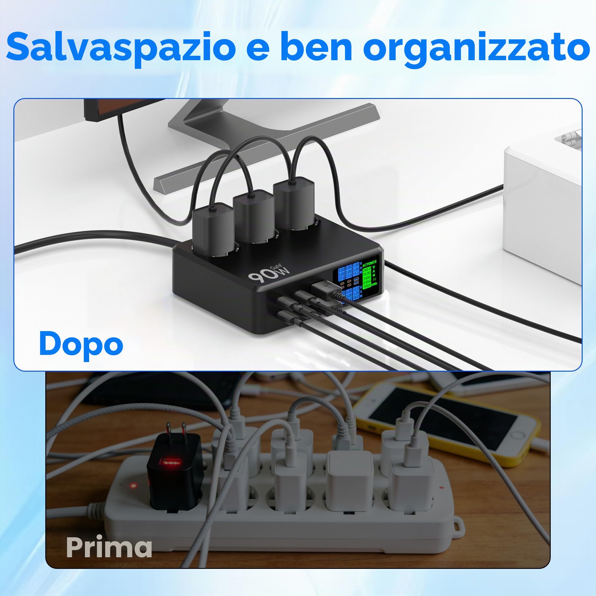 Ciabatta Multipresa con USB C 6 Porte (90W) con Schermo LED | Presa Multipla 2500W, Salvaspazio Ciabatta Elettrica Multipresa con Stazione Ricarica Multiplo Prolunga Elettrica 1.2M, Nero