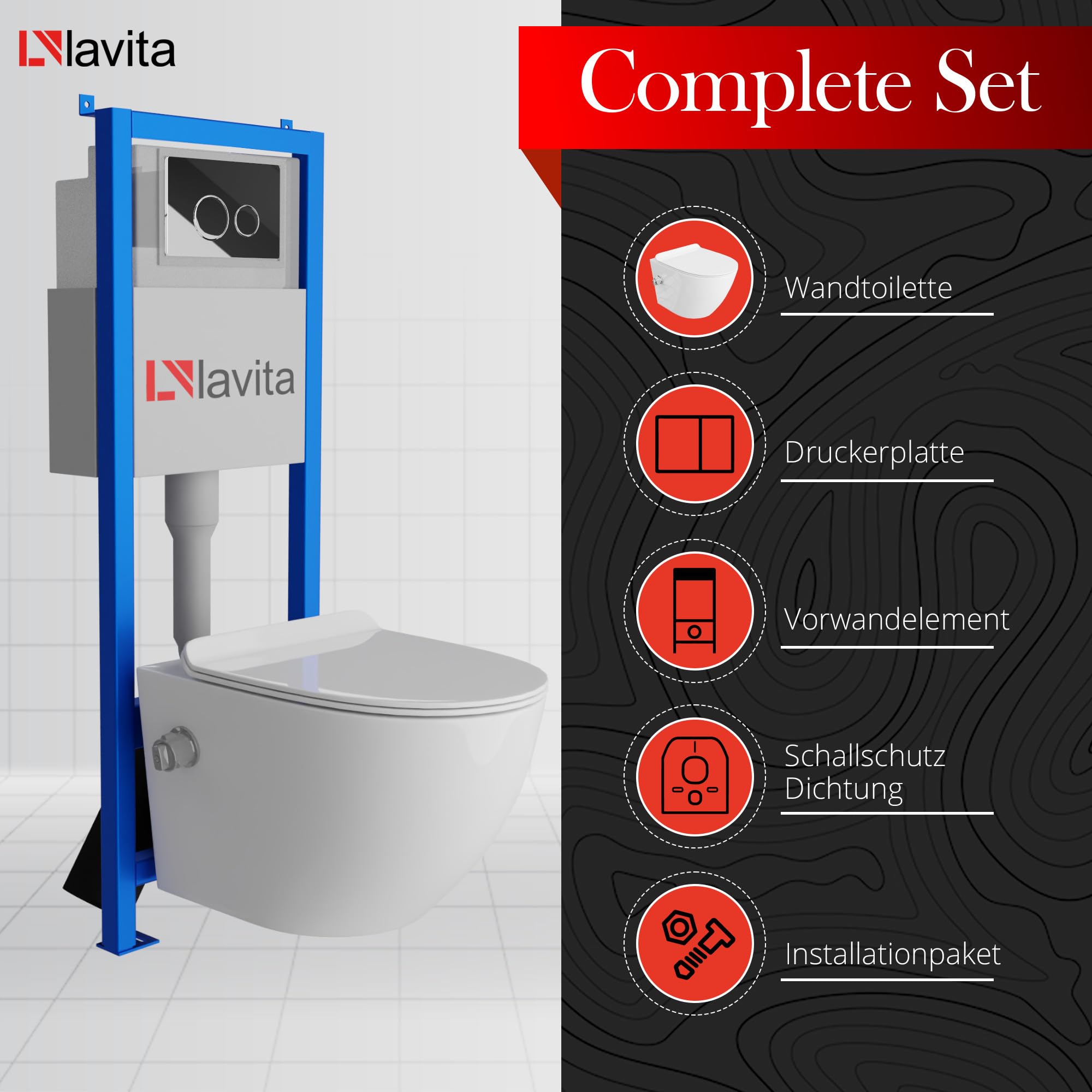 Lavita LAV 101 Élément de paroi avant pour WC 40 cm + WC suspendu profond Salto blanc sans bord + panneau de commande LAV 200.4.2 chromé + abattant WC avec système d'abaissement automatique Kit