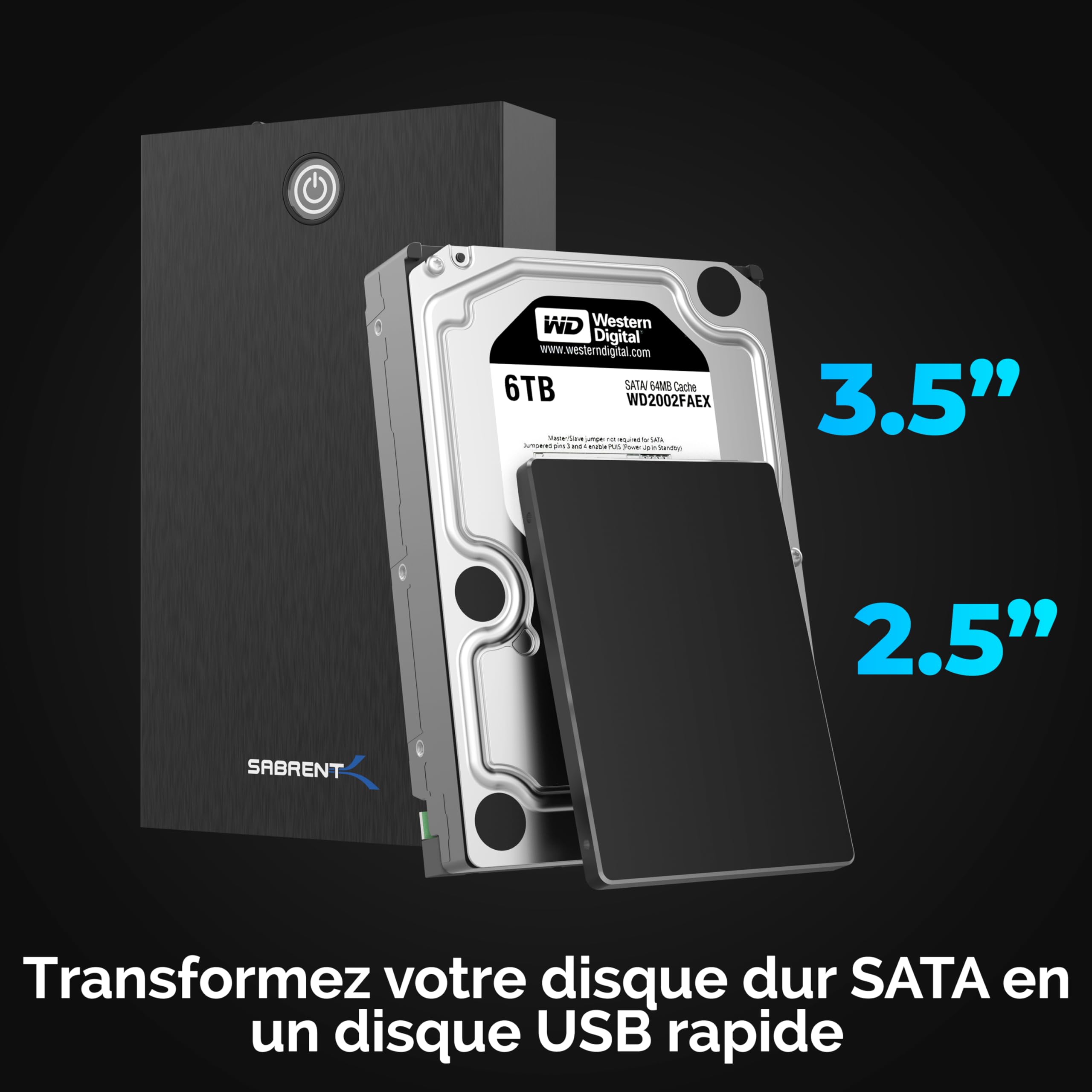 SABRENT Boitier Disque Dur 3.5, Rapide 5Gbps Boitier SSD Externe 2.5"/3.5", Adaptateur SATA USB pour SSD/HDD, Lecteur Disque Dur SATA to USB, sans Outils, câble Inclus avec Alimentation (EC-KSL3)