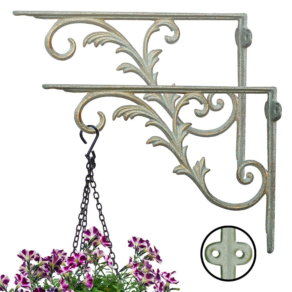 Dibor Set of 2 Hanging Basket Brackets Cast Iron Wall Hooks (Ornate Green)