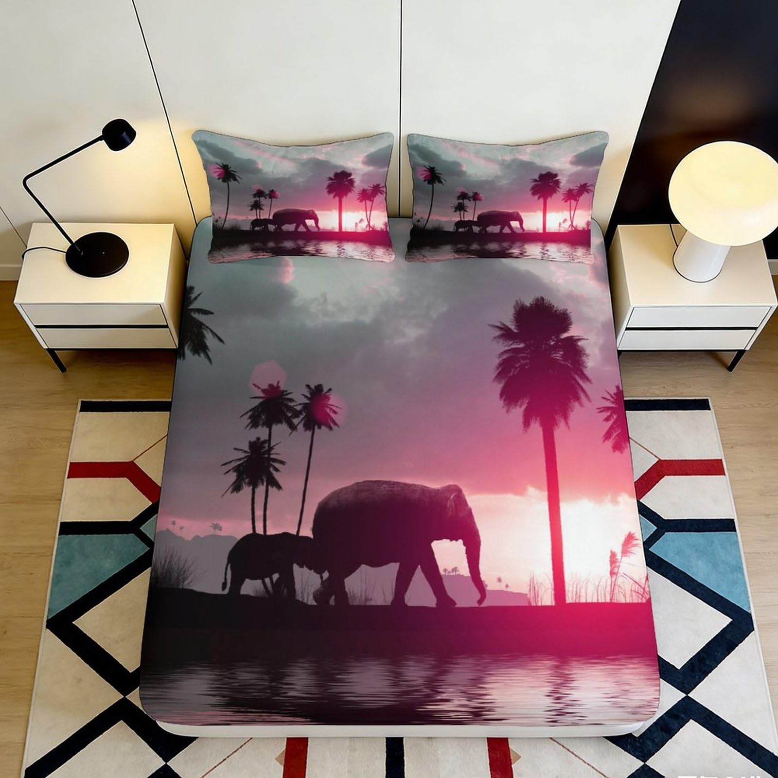 3D Printed Elephant Sunset Fitted Sheet Microfiber Durable Soft 3D Printed Palm Tree Mattress Cover for Bedroom Dormitory Guest Room Decoration 140x200x25cm