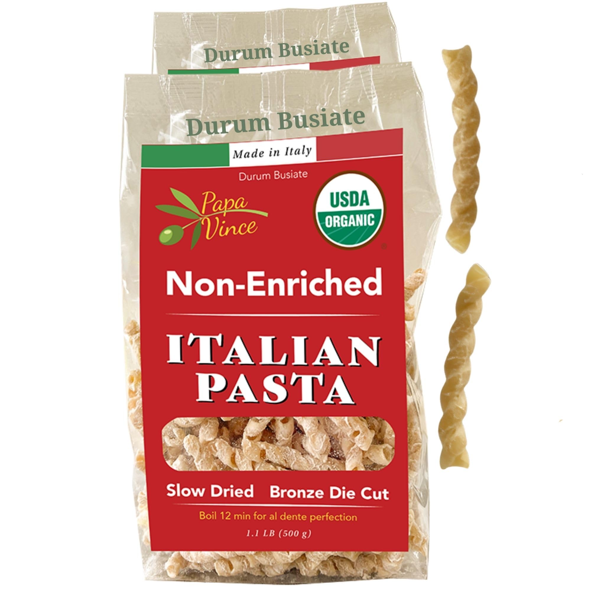 Papa Vince Organic Non Enriched Pasta - good whole wheat busiate pasta, made in Italy from ancient grains cultivated in Sicily, Italy. Slow Dried. Bronze Die Cut. Delightful Al dente texture. No funny taste