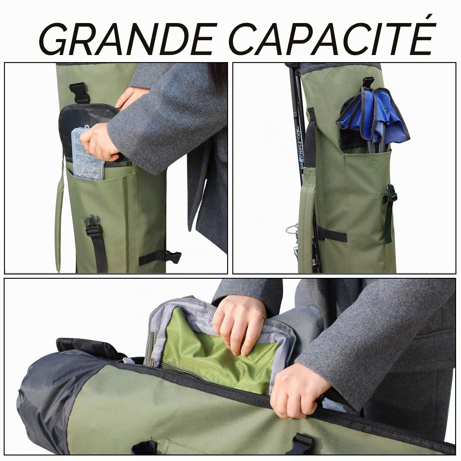 Powcan Sac de Canne à pêche imperméable Multifonctionnel de Grande capacité avec Sangle réglable pour Les Amateurs de pêche (Vert armée)
