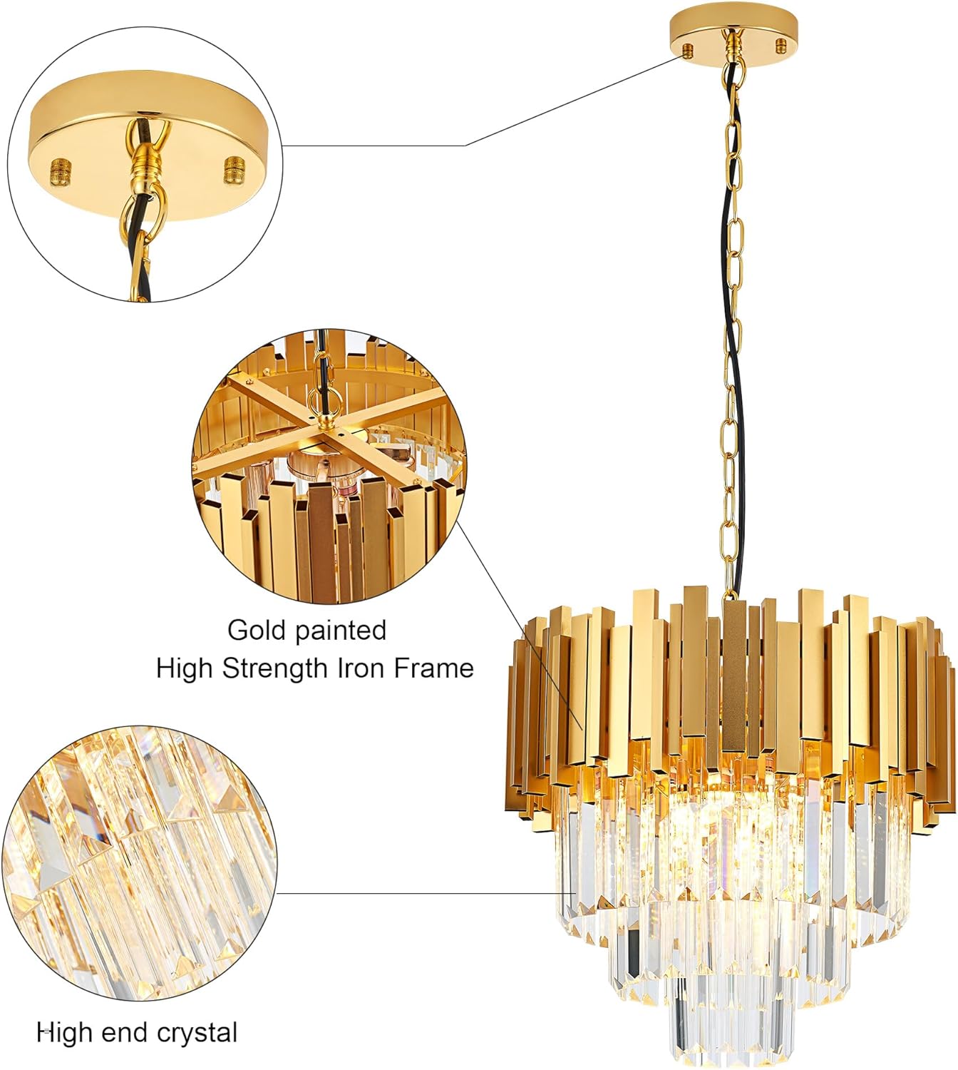15.75" Gold Crystal Pendant Light Fixtures,5-Light Luxury Crystal Pendant Light Perfect for Dining Room, Bedroom, Kitchen, Living Room 3-Tier