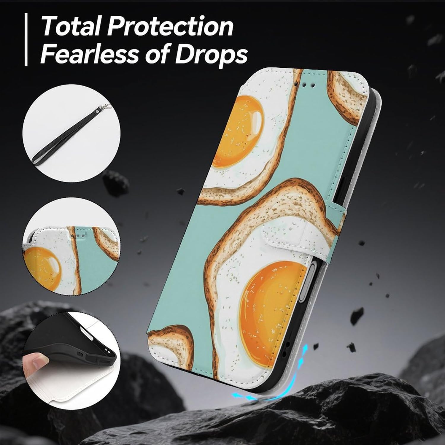 Fried Eggs and Bread Compatible with iPhone 16/16 Plus/16 Pro/16 Pro Max/16 E Case Phone Wallet Card Holder Flip Cover with Wrist Strap