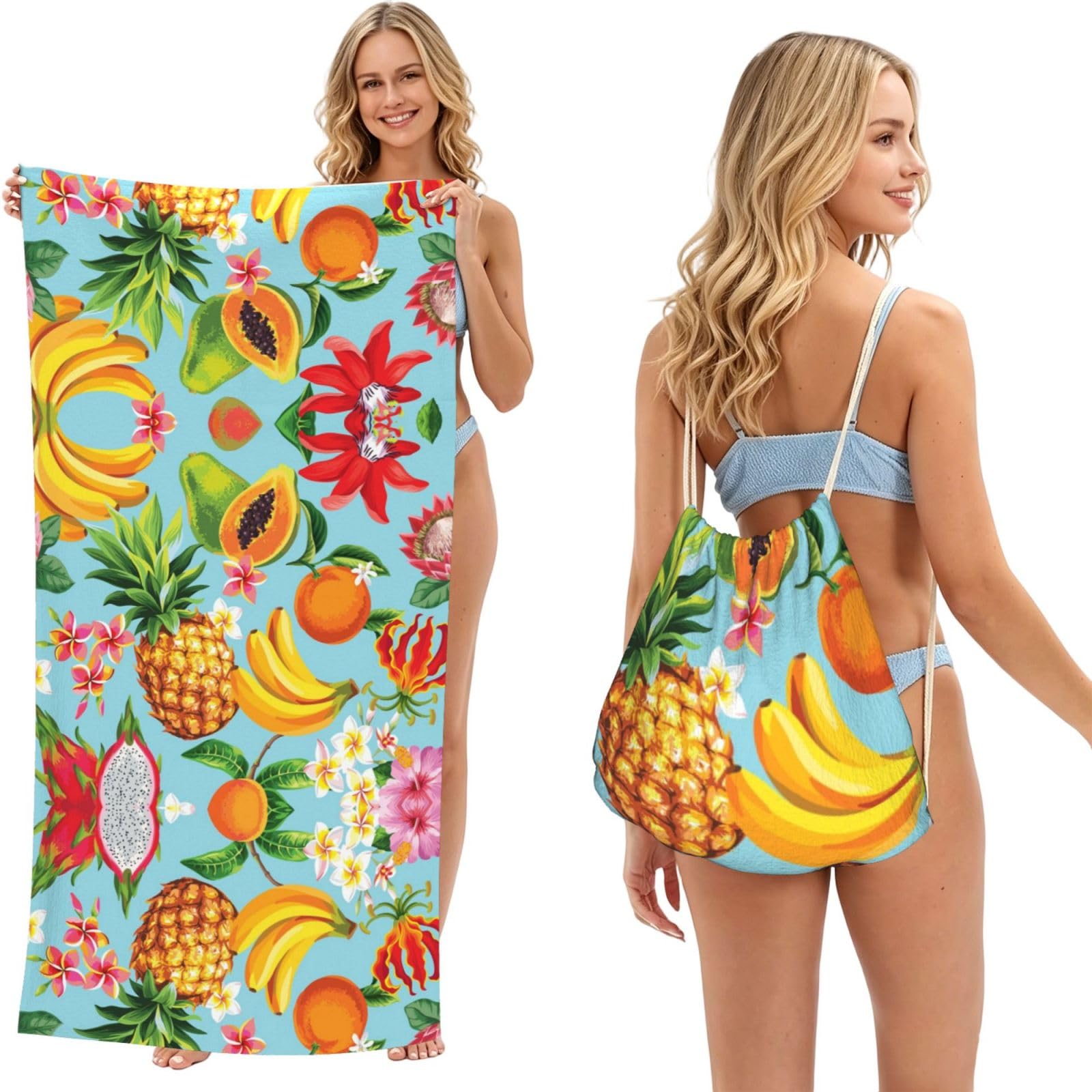 ESNAIUVCD Tropical Fruits And Flowers Print Beach Towel For Adults,Towel With Drawstring Bag, Travel Pool Swimming Sports Shower Sand Free Quick Dry Bath Towel For Pool, Beach, Yoga- 180x60cm
