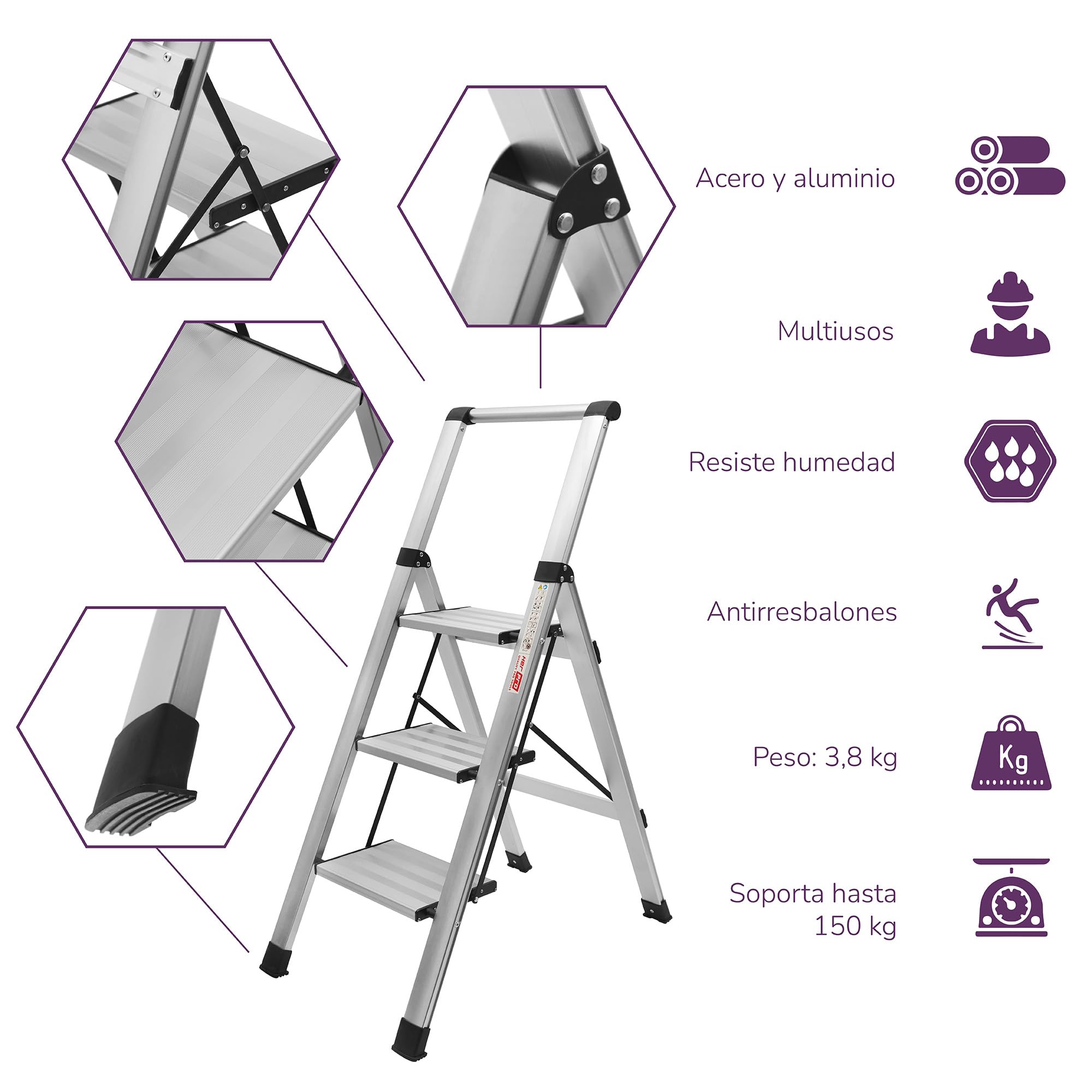 Escaleras Plegables Alumino, Escalera de Aluminio Plana Plegable y con peldaño Ancho, Ligera, Robusta y Resistente. Normativa EN-131, hasta 150kgs (Negro, 3 Peldaños)