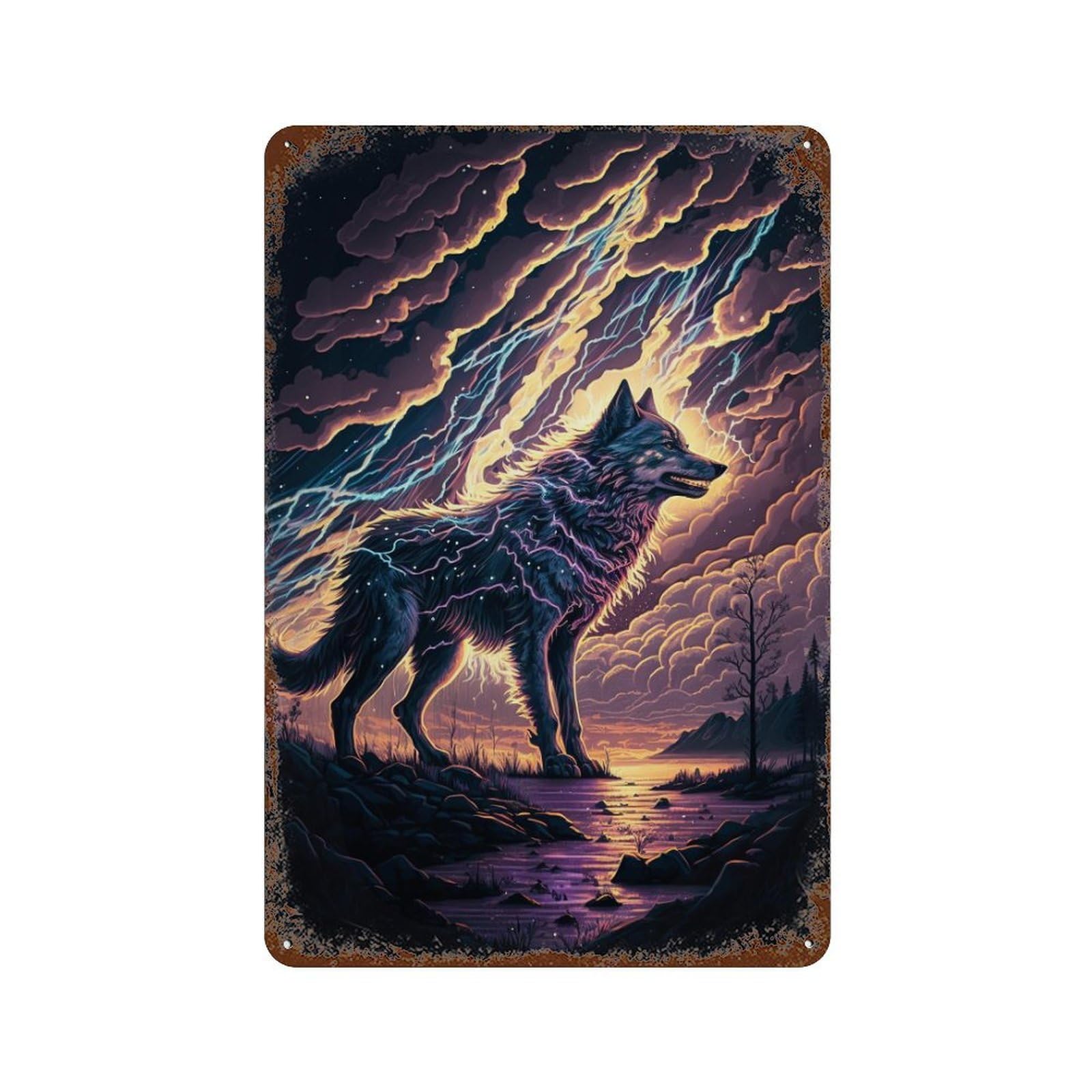 Weathered Tin Sign Thundering Wolf Majesty -6 11.8"x7.9", Novelty Wall Decor for Basement, Hobby Room And Garage Decor