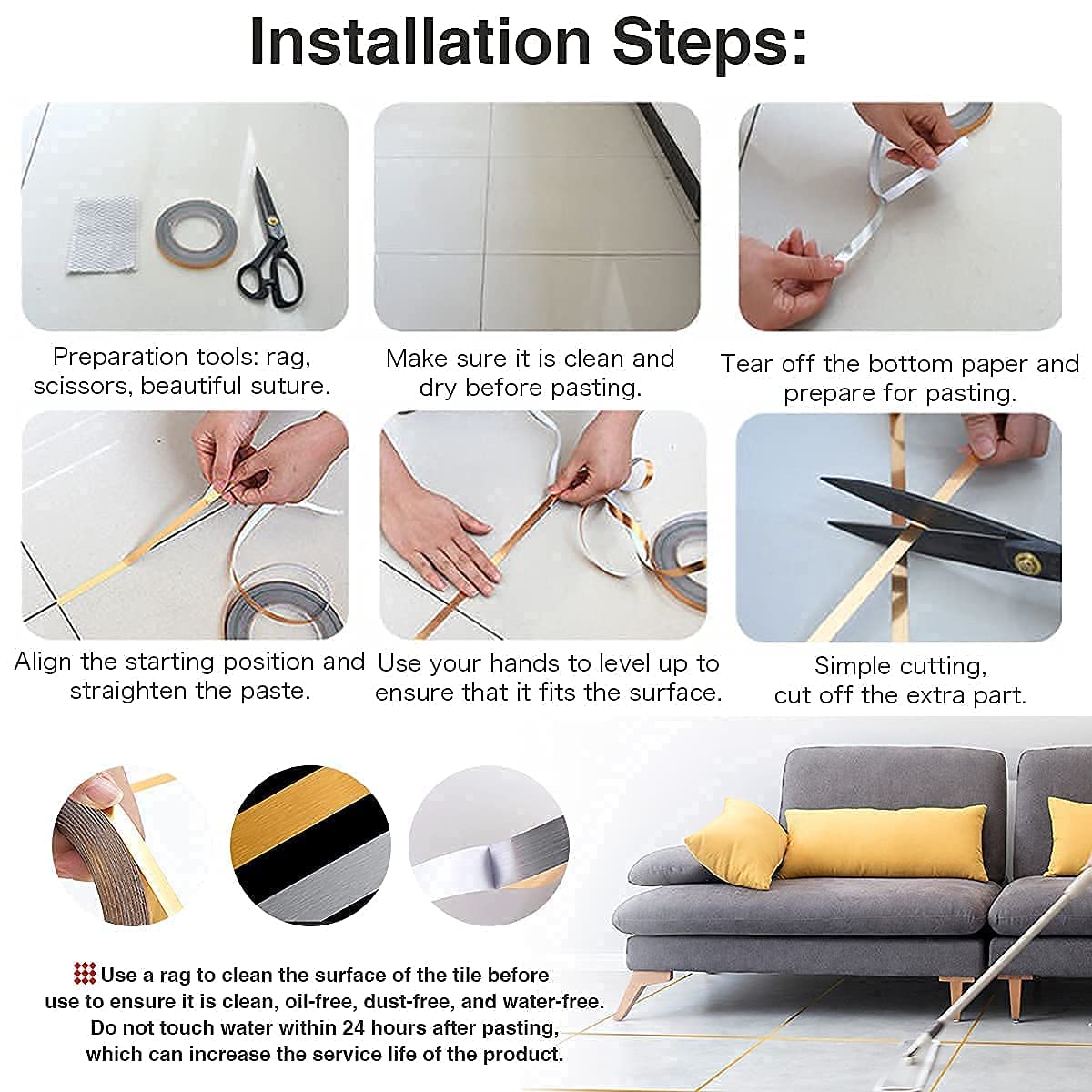 TARTAMYA Tile Gap Sticker Waterproof, 50 Meters Golden Silver Tape, Self-Adhesive, Tile Stickers for Flooring, Tile Decoration Tape, Gap Sealing Tape Strip (silver tape, tape 2) 1