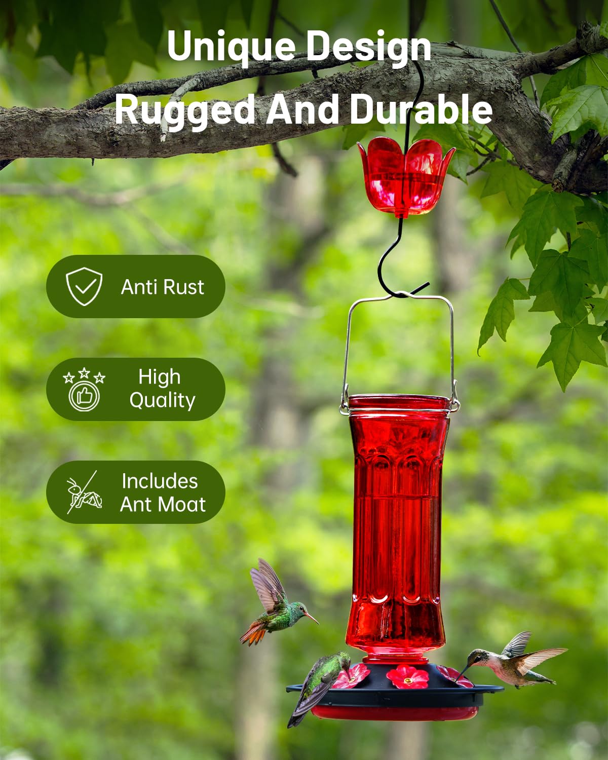 HouseSapp Solar Kolibri-Futterspender | 150 Ml Mundgeblasenes Glas, Farbwechsel-LEDs | 7 Futteröffnungen Mit Sitzstange, Auslaufsicher