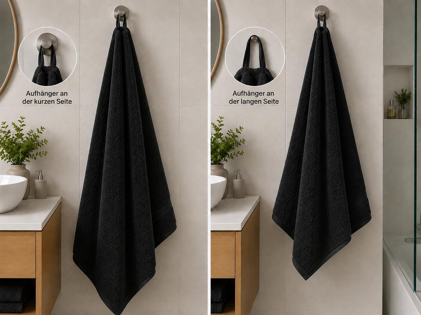 Badetücher 4er Set 70x140 cm, 100% Baumwolle, 550 g/m² Premium Frottier, Oeko-TEX Standard 100, saugstark, schnelltrocknend, weich, fusselarm, 2 Aufhänger (Schwarz, 4 Badetücher (70X140cm))