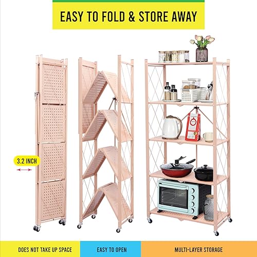 Miniatura 3 de Estantería plegable con ruedas y roturas  Estante plegable resistente con marco de metal para despensa  Estantería de origami  Estantería sin