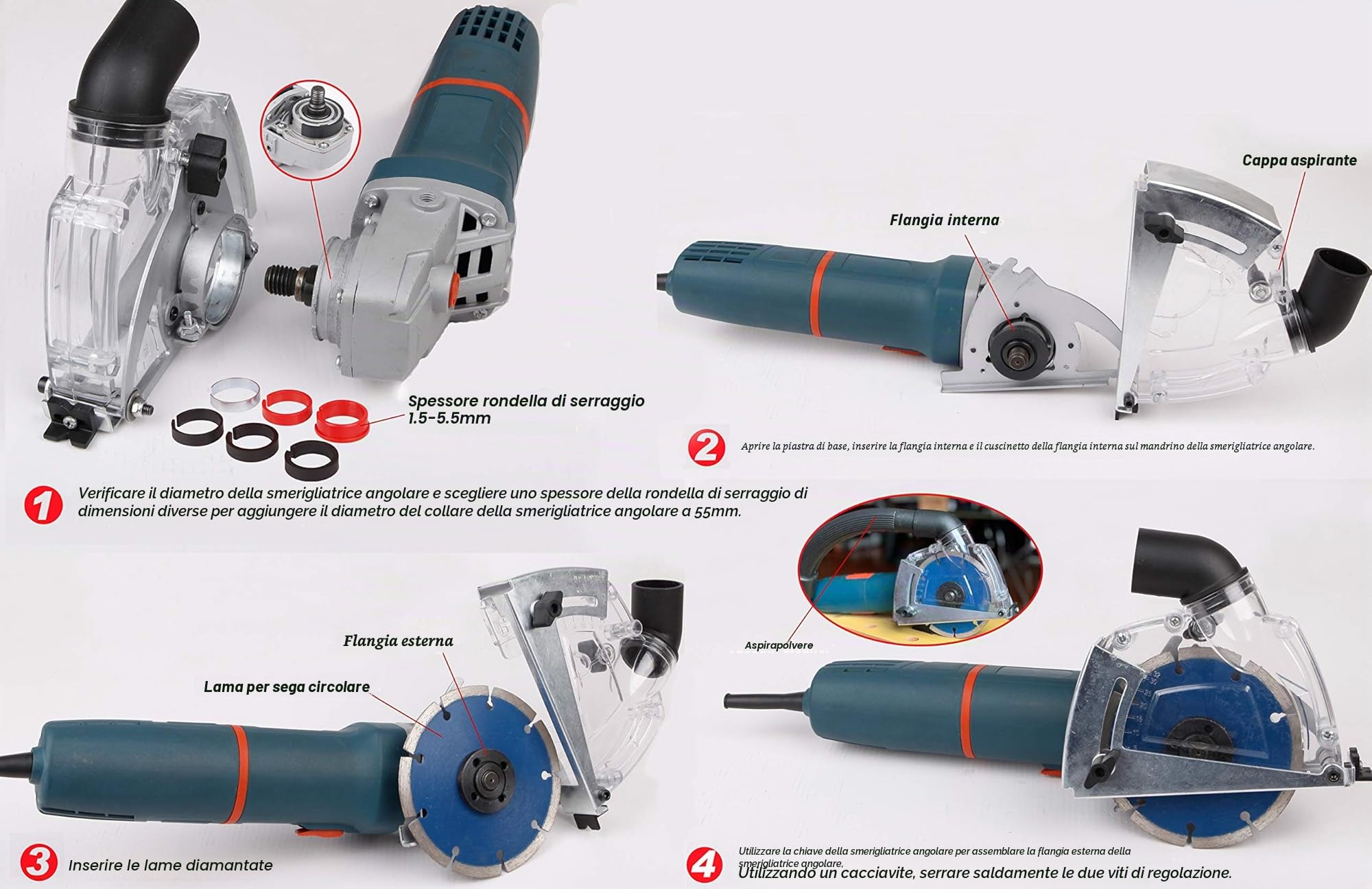 Aidelife cappa di aspirazione per smerigliatrice angolare 115/125mm cuffia di aspirazione con dischi diamantati 125mm