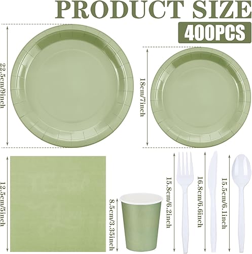 Miniatura 2 de Dandat 400 piezas de suministros de fiesta para 50 invitados, platos de papel verde salvia y servilletas desechables verde salvia, decoraciones de