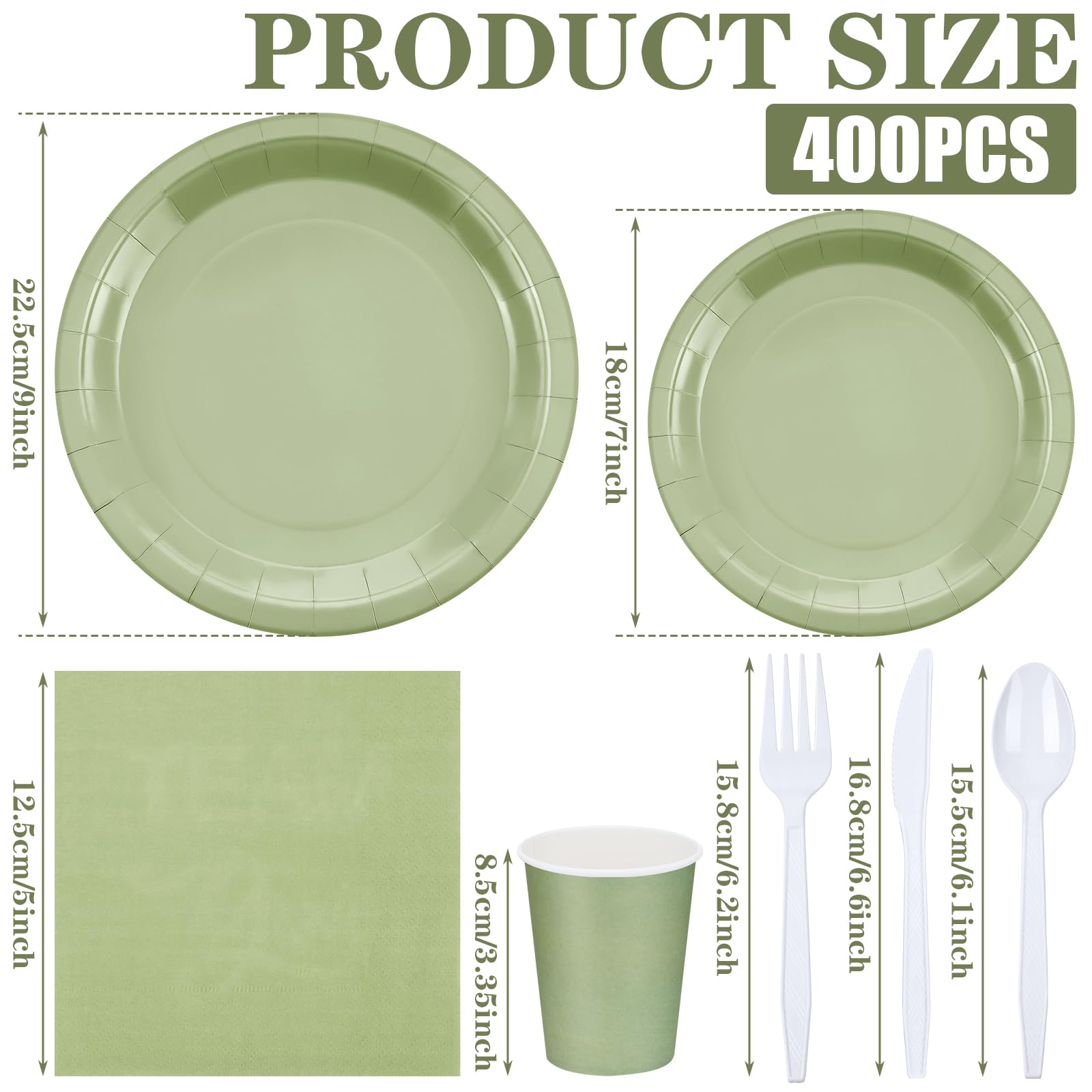 Dandat 400 Pcs Party Supplies for 50 Guests Sage Green Paper Plates and Napkins Disposable Sage Green Baby Shower Decorations for Wedding Birthday