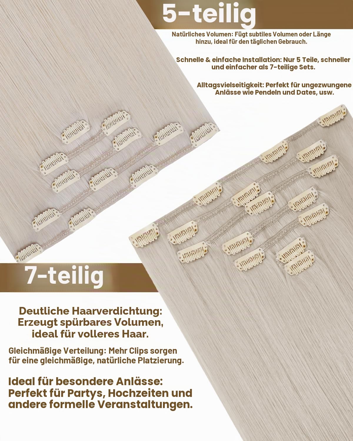 Hetto Clip in Extensions Echthaar Platinblond - Für Kurze Haare: Invisible & Seamless für Hochzeit/Party, Extra Starke Clips für Sofortiges Volumen 35cm 80g 5pcs 60