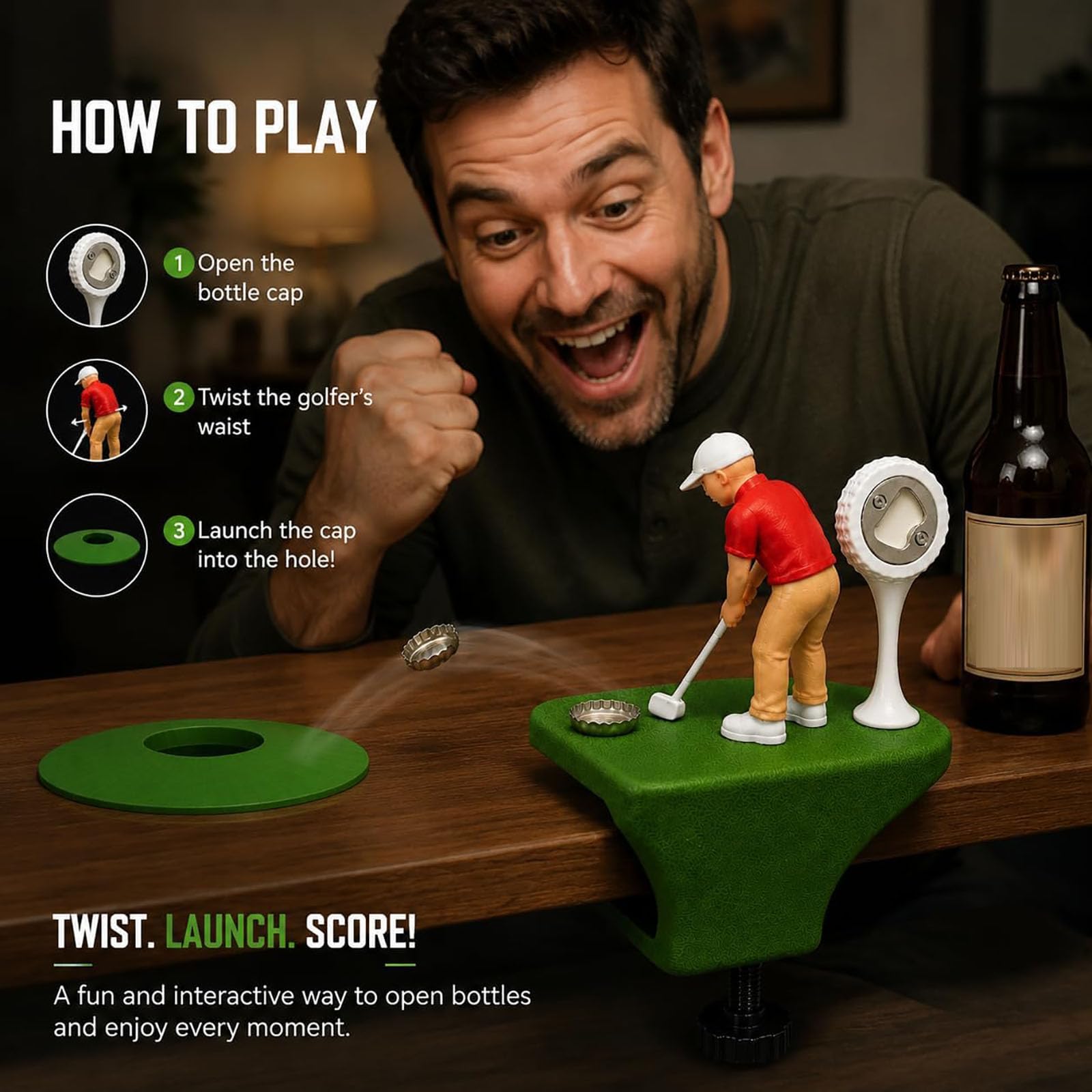 Gioco Apribottiglie a Tema Golf - Apribottiglie con Vera Pallina da Golf e Raccoglitore di Tappi "Cassonetto" da Scrivania - Regalo Originale per Uomini e Appassionati di Golf (2pcs)