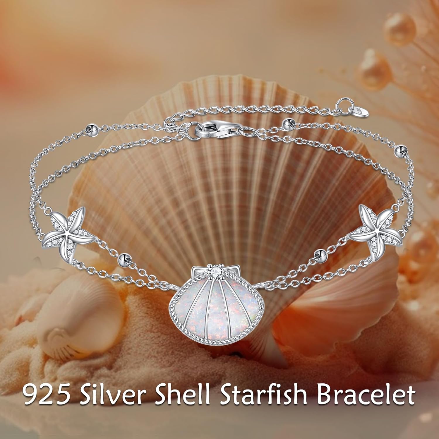 Shell Bracelet 925 Sterling Silver Starfish Bracelet Dainty Adjustable Bracelet Beach Jewelry for Women Shell Starfish Jewelry Gifts - Image 3