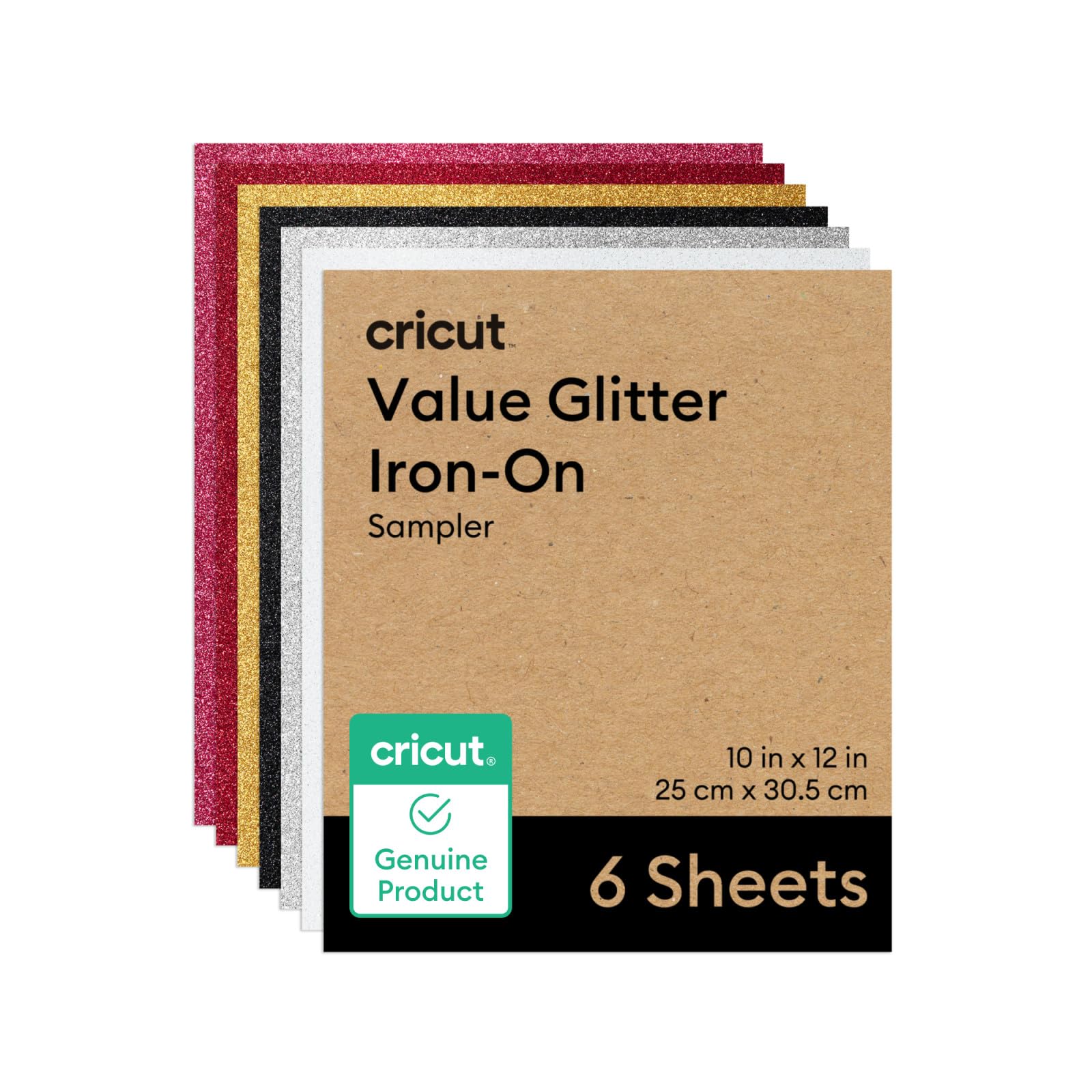 Cricut Glitter HTV Heat Transfer Vinyl | 25.4 cm × 30.5 cm | 6 Pack | Iron-On HTV Vinyl for Fabric, Ideal for Custom T-Shirts & DIY Projects
