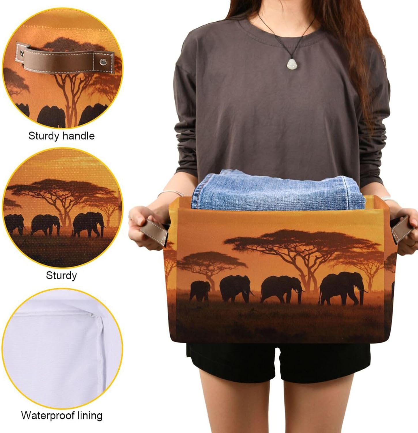 African Elephants Trees Orange Print Rectangular Storage Bin Basket with Handles - Laundry Storage Basket Organizer Bins for Pets Room Books Closet