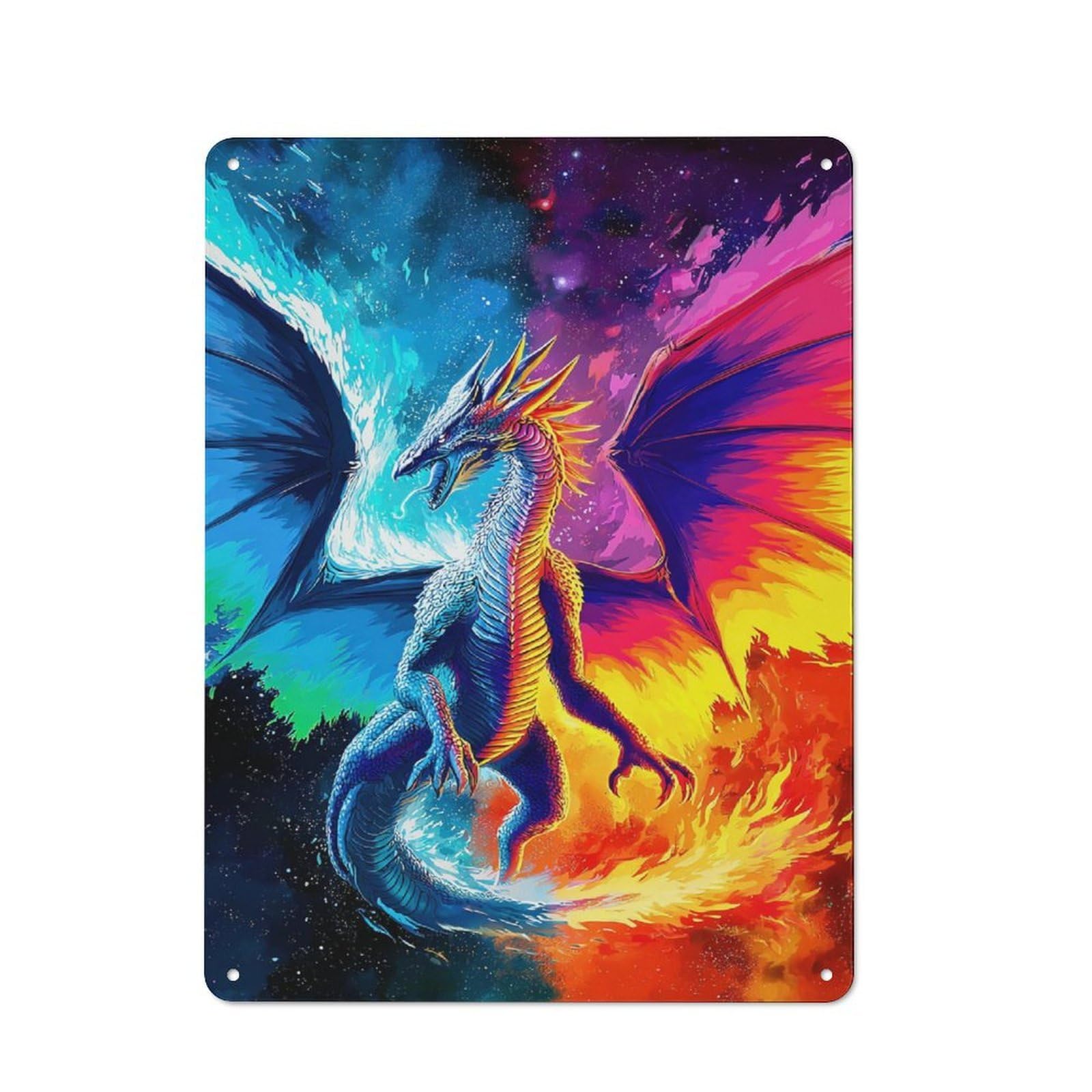 Junmoney Colorful Dragon In Space Artwork Vintage Metal Plaque 40X30cm For Dining Room Or Kitchen, For Dining Room Decor Fans