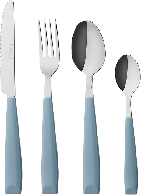 EXZACT Cutlery Set Coloured 16PCS - Stainless Steel with Plastic Wide Handles  Comfortable to Hold - 4 x Forks, 4 x Dinner Knives, 4 x Dinner Spoons, 4 x Teaspoons  Service for 4 (Light Blue x 16)