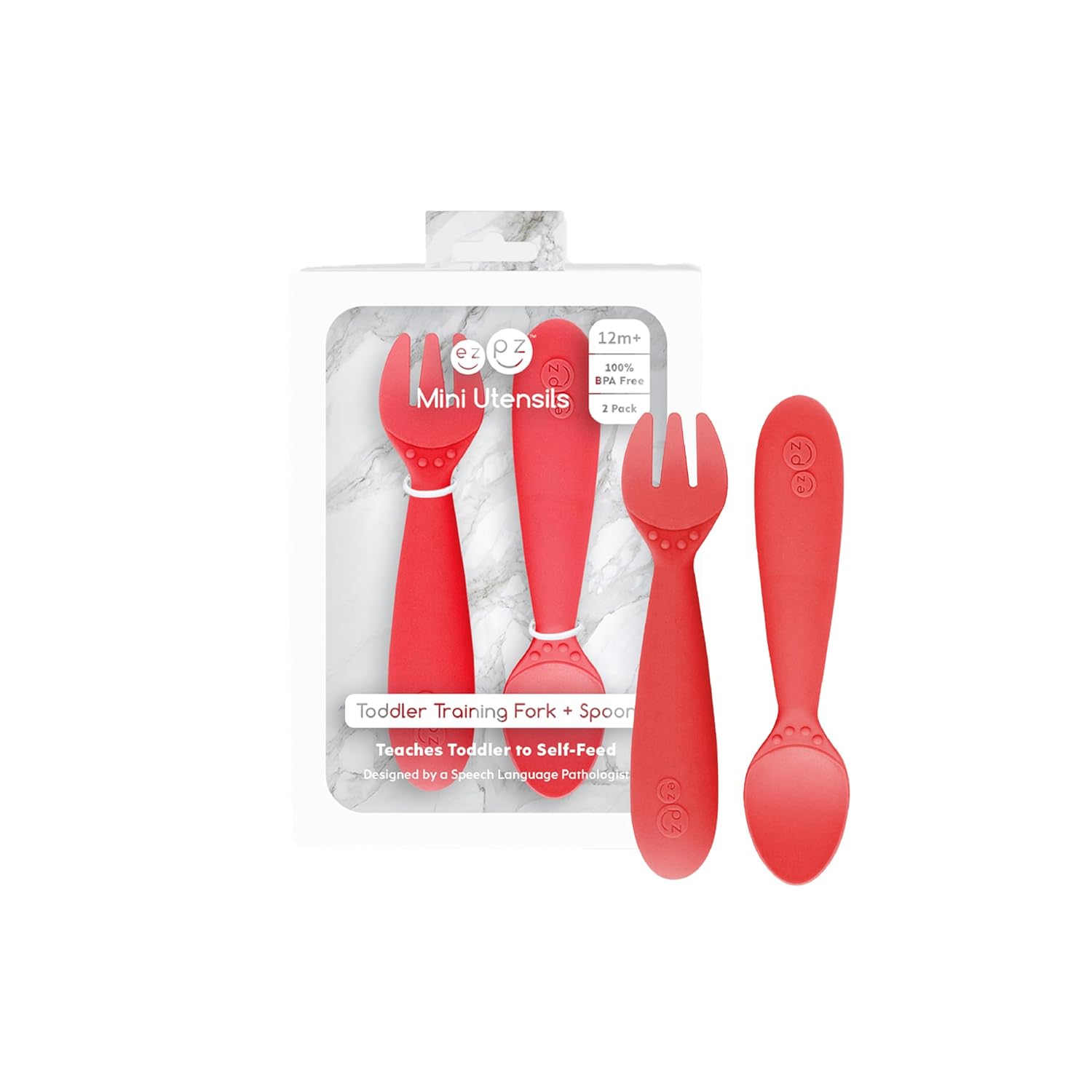 ezpz Mini Utensils - 12 Months+ (Fork & Spoon in Coral) - 100% BPA Free Fork and Spoon - Toddler Utensils - Designed by a Pediatric Feeding Specialist (12 Months+ (Fork & Spoon in Coral)) Thumbnail