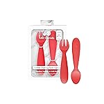 ezpz Mini Utensils - 12 Months+ (Fork & Spoon in Coral) - 100% BPA Free Fork and Spoon - Toddler Utensils - Designed by a Pediatric Feeding Specialist