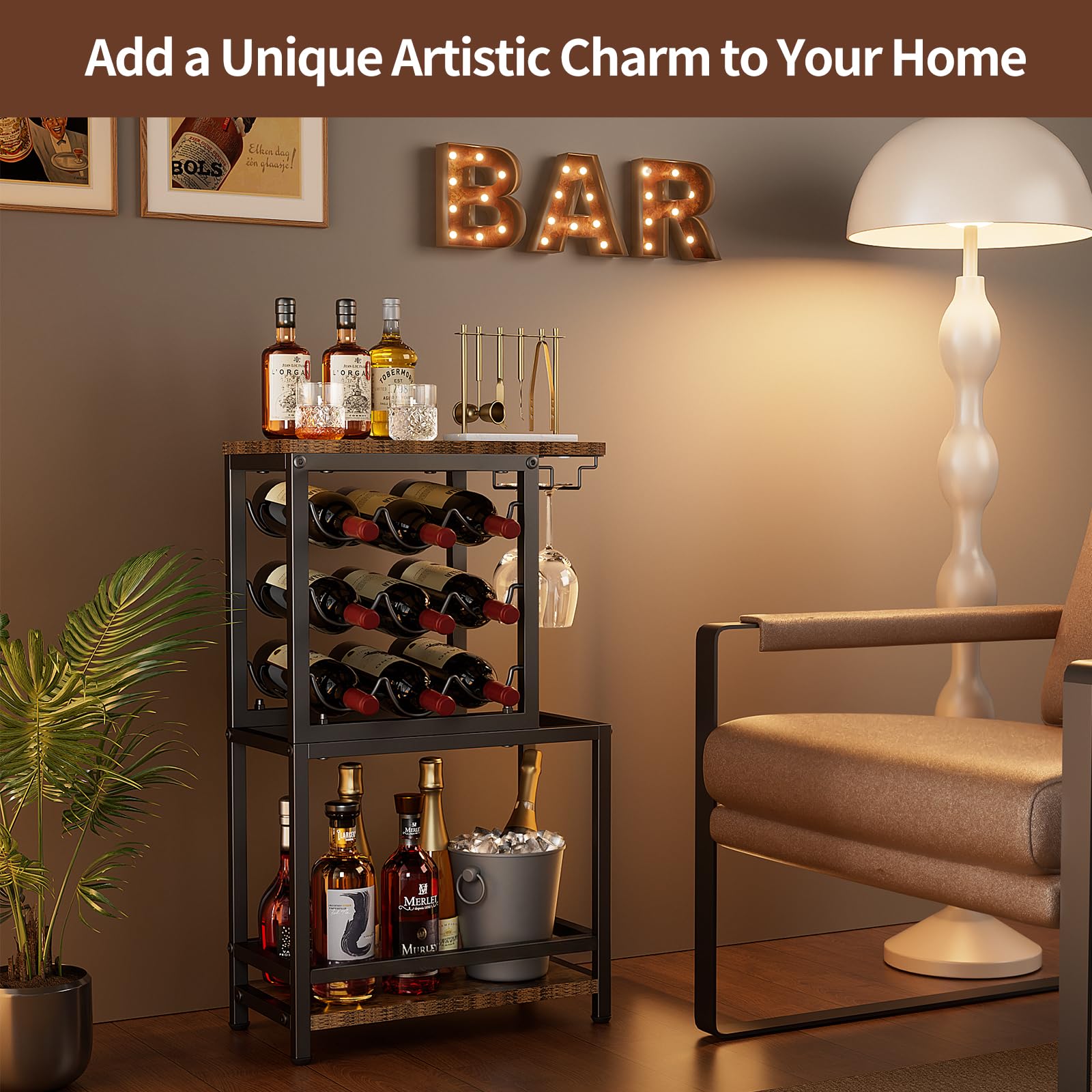 Nuovoware Botellero de Vino Pie, Botellero Vino 3 Niveles con Soporte para Copas, Versátil Soporte Licor para Bar en Casa, Mini Mesa Bar Esquina, Licor, Whisky, Marrón+Negro