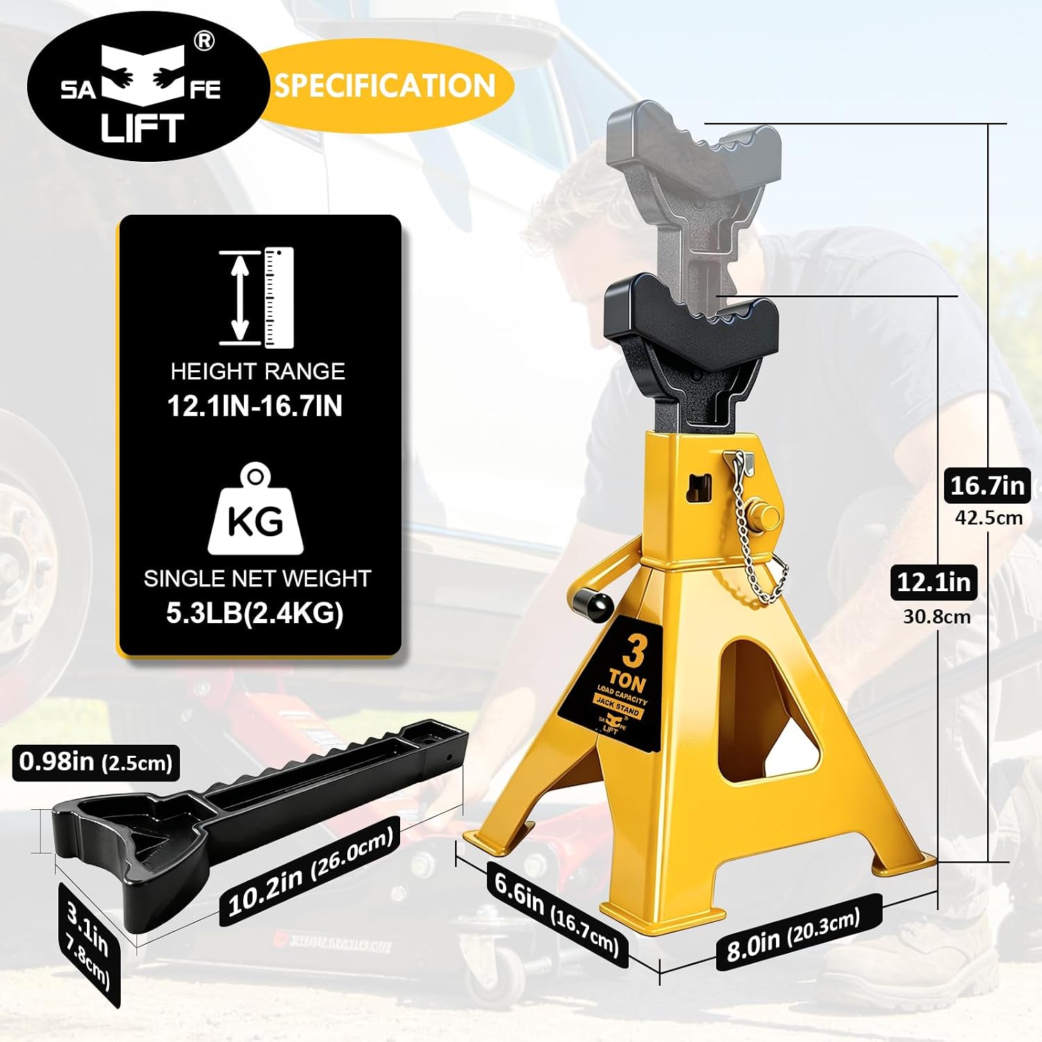 Jack Stands 3 Ton (6,600 LBs) with Double Pin Locking,Rubber Cover and Large Foot Base,12-17In Adjustable Height Heavy Duty Jack Stands,Lifting Car,SUV,MPV,Pickup Truck,ATV/UTV,1 Pair Yellow