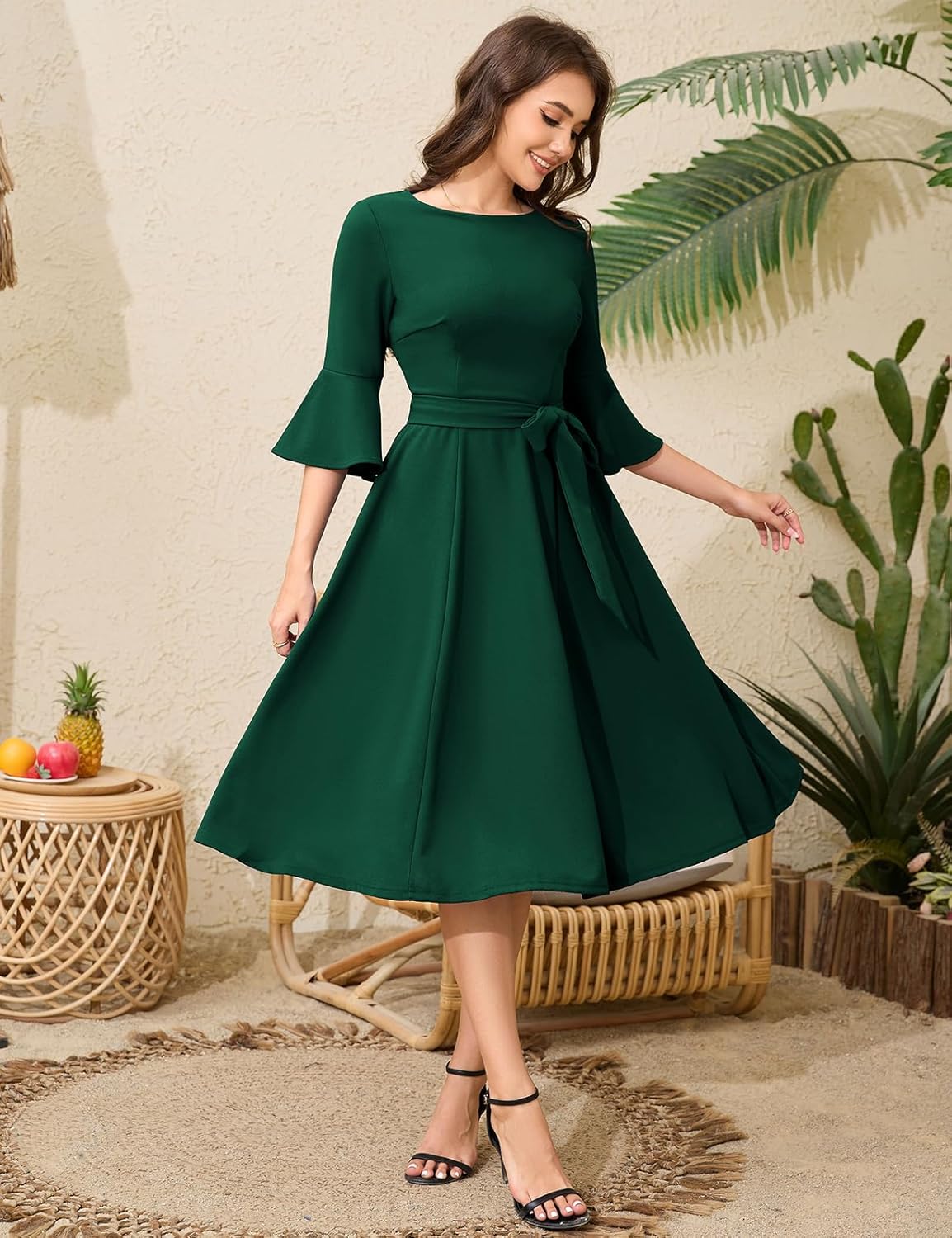 HomRain Women's Church Dresses Modest Bell Sleeve Wedding Guest Cocktail Tea Party Vintage Evening Dress - Image 2