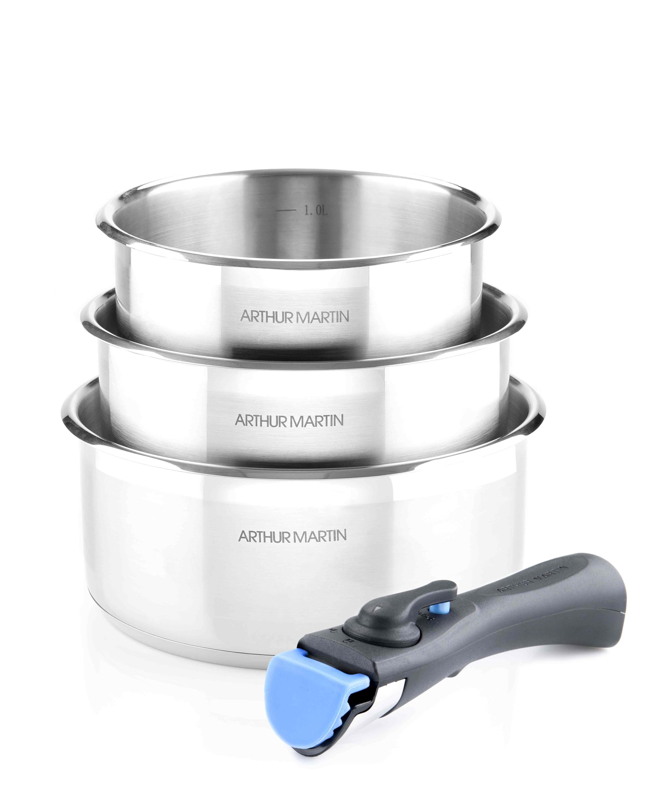 ARTHUR MARTIN - Batterie De Cuisine Inox 8 Pièces - 3 Casseroles Ø 16, 18, 20 cm - 2 Manches Amovibles - Compatible Induction - Ensemble Pratique Et Fonctionnel