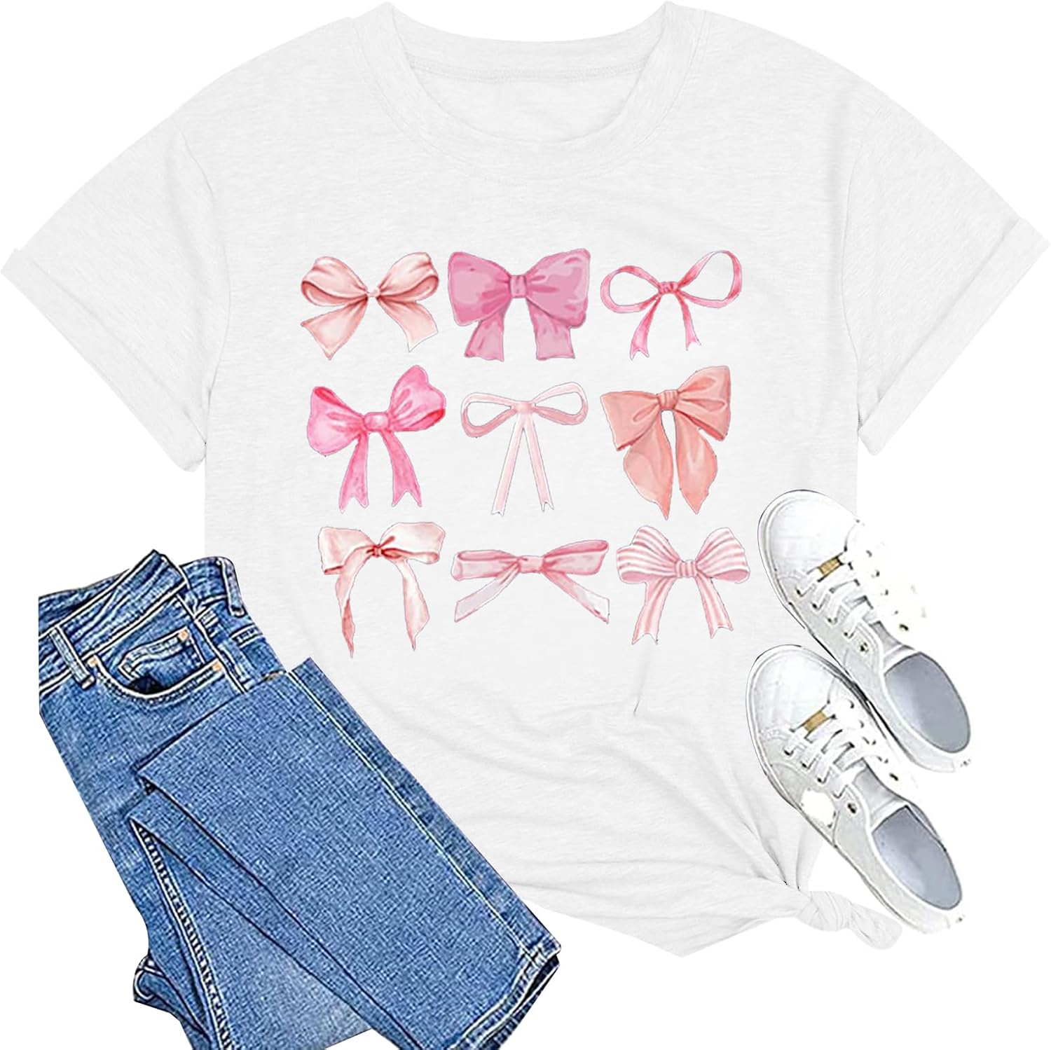 Womens Bow Shirt:Trendy Pink Bow Girly Tee Aesthetic T-Shirt Coquette Aesthetic Tee Tops - Image 3