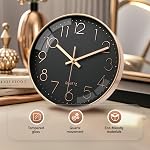 VIKMARI Silent horloge murale batterie actionnée non-cliquetis 3D Numérisation de quartz en or 10 Inch Horloge analogique décoratif pour salle de bain de bureau de chambre (Rose or noir)