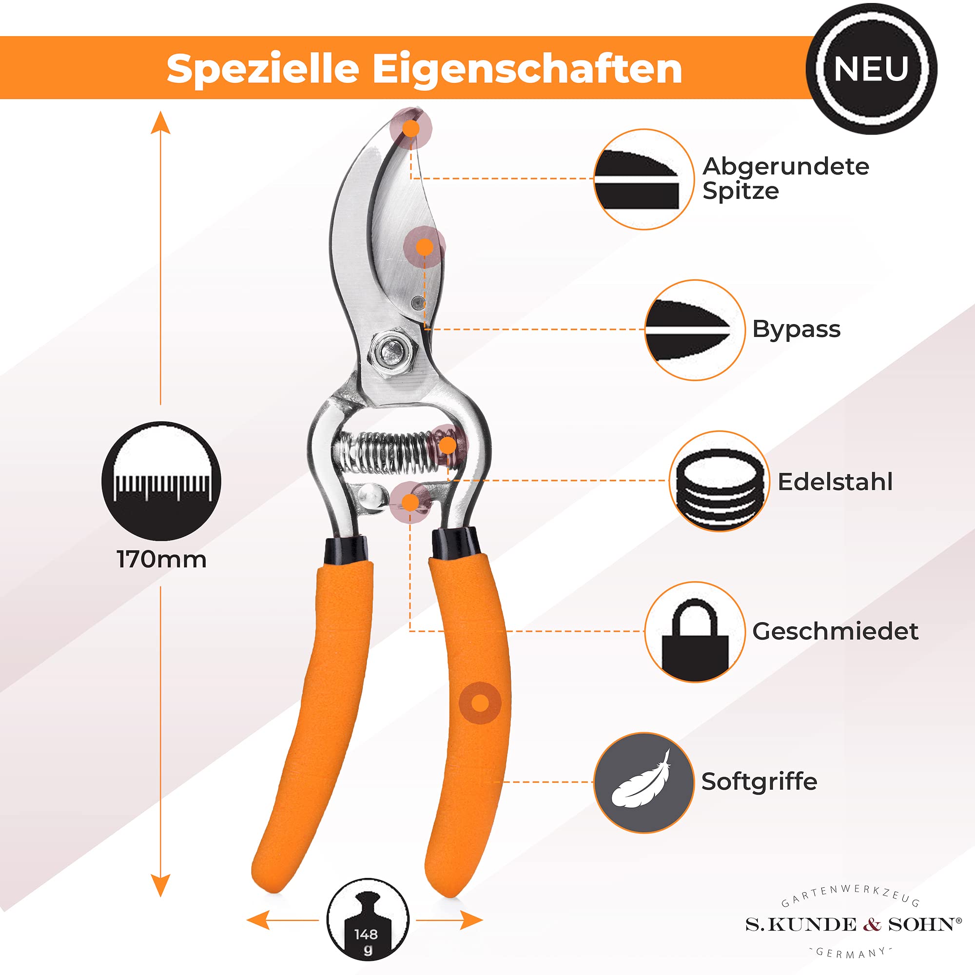 S. Kunde & Sohn Germany – die leichteste geschmiedete Gartenschere 2ER-Set 2X SKS6 – ergonomisches Design – Bypass – Rosen-Rebschere – ∅20mm – kompl. beschichtet, rostfrei