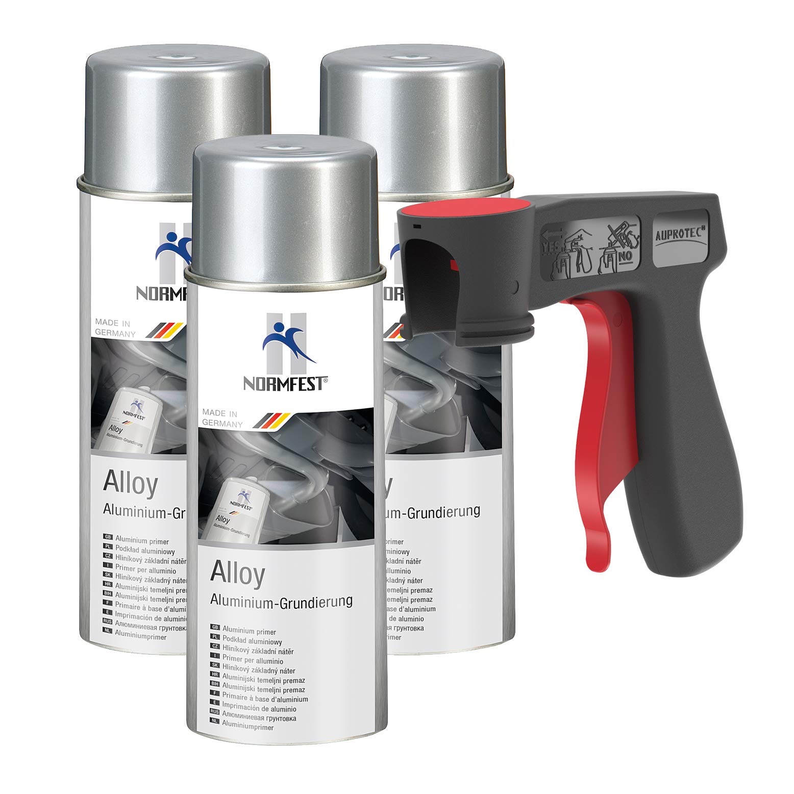 AUPROTEC Pistolengriff + Normfest Aluminium Grundierung Alloy Alu Grund Aluspray 600°C hitzebeständig Spray 3x 400ml