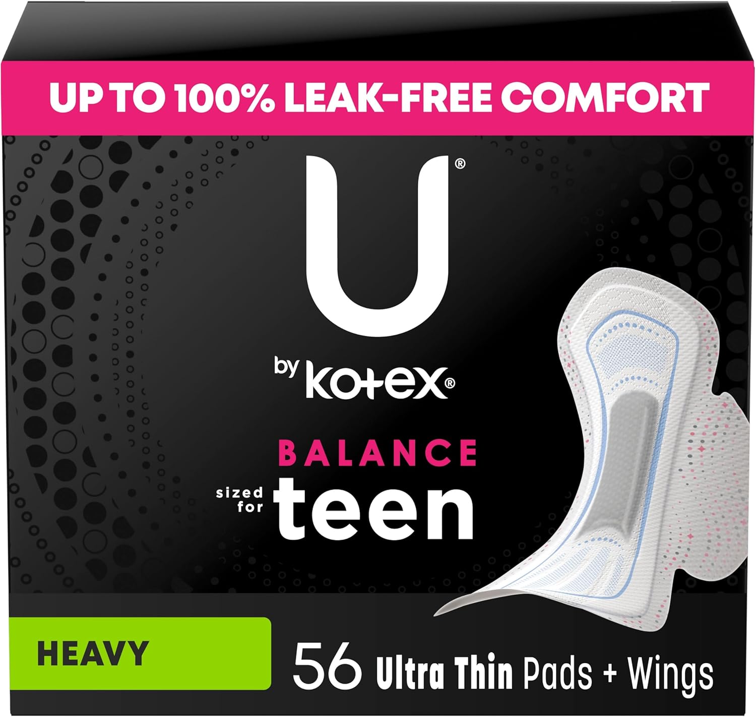 U by Kotex Balance Sized for Teens Ultra Thin Pads with Wings, Heavy Absorbency, 56 Count (4 Packs of 14) (Packaging May Vary) Heavy Absorbency 56